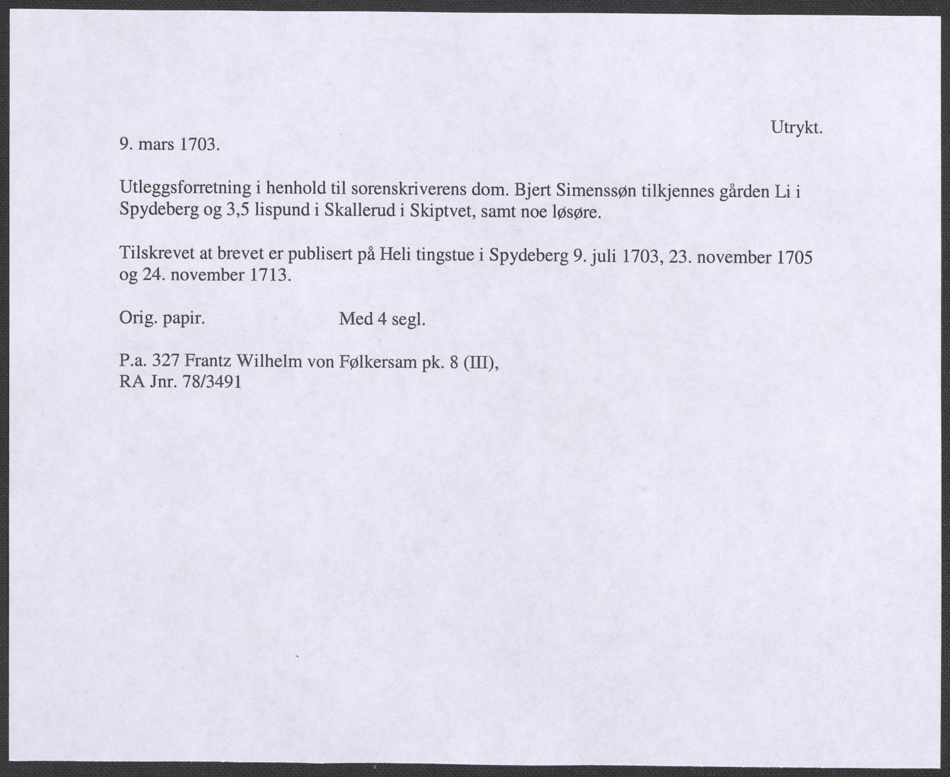 Riksarkivets diplomsamling, RA/EA-5965/F12/L0009: Pk. 8 (III), 1435-1728, s. 248