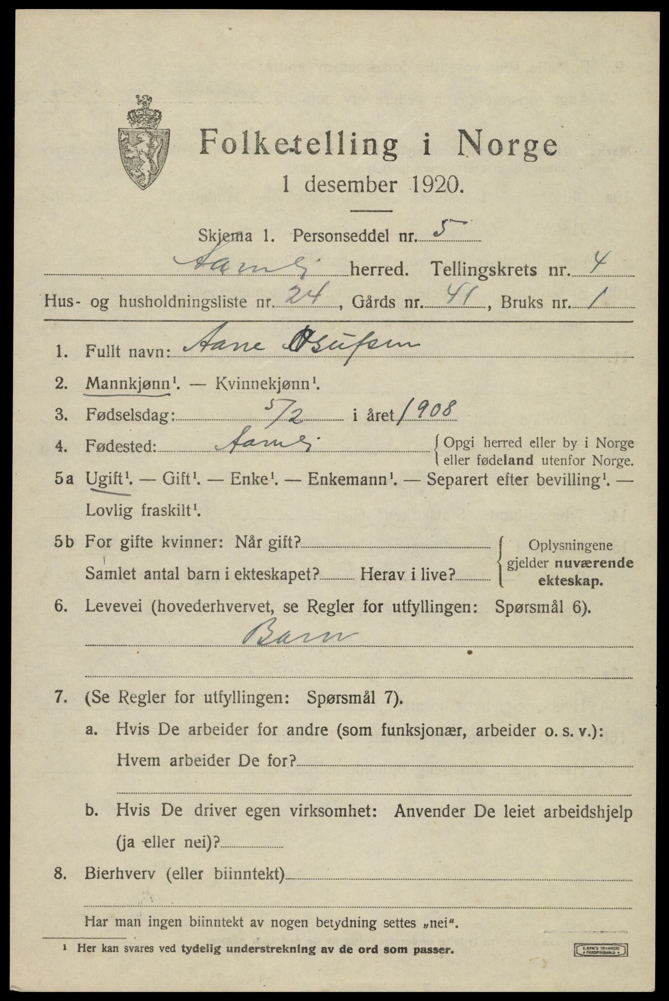 SAK, Folketelling 1920 for 0929 Åmli herred, 1920, s. 2157