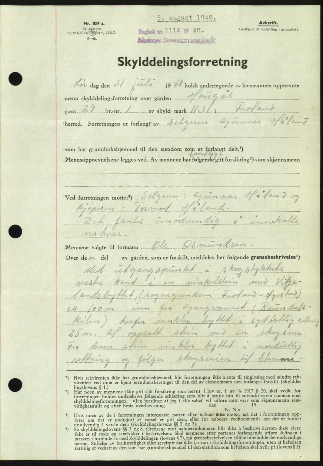 Nedenes sorenskriveri, AV/SAK-1221-0006/G/Gb/Gba/L0059: Pantebok nr. A11, 1948-1948, Dagboknr: 1114/1948