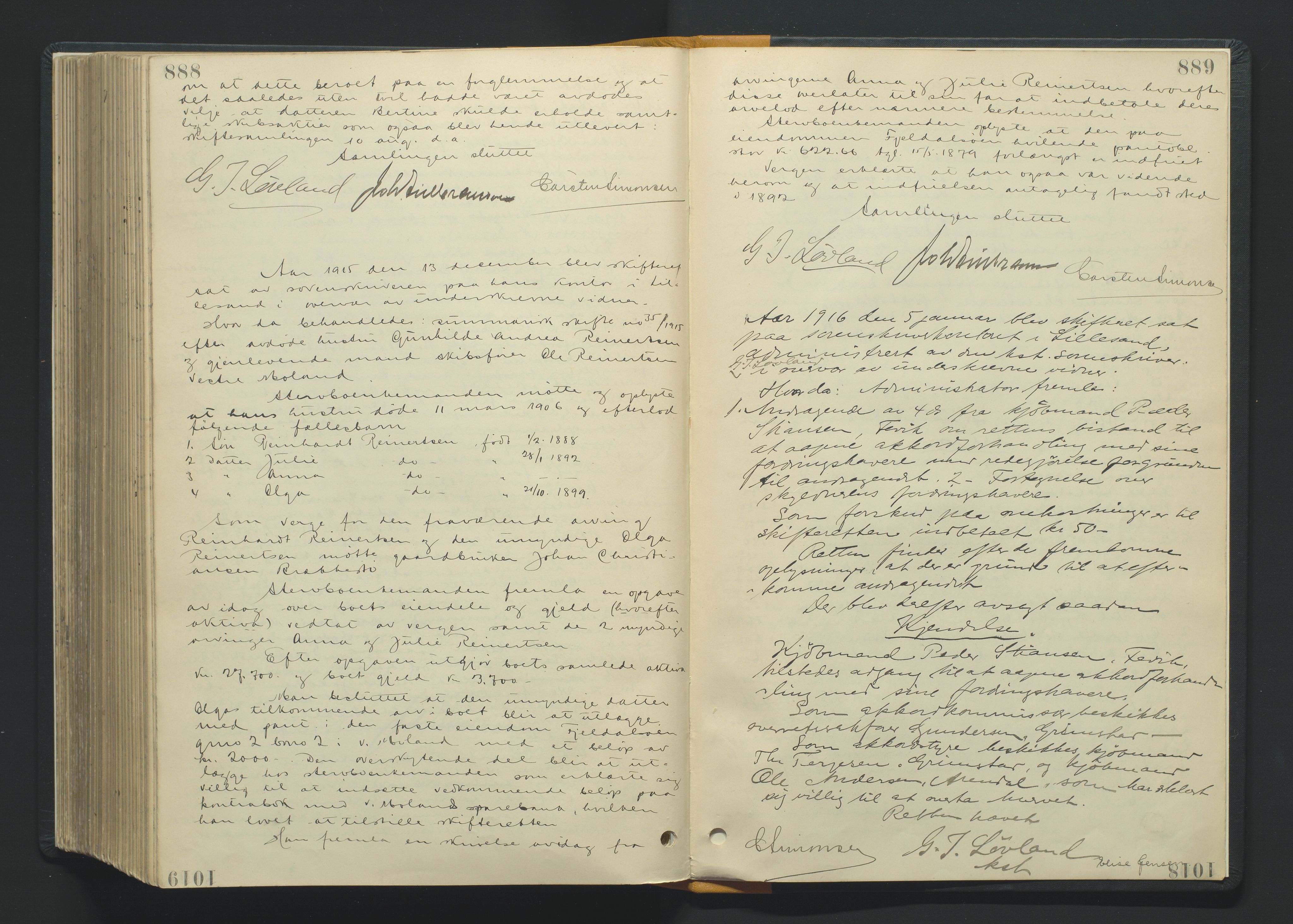 Vestre Nedenes/Sand sorenskriveri, AV/SAK-1221-0010/H/Hc/L0007: Skifteforhandlingsprotokoll nr. 5, 1894-1916, s. 888-889