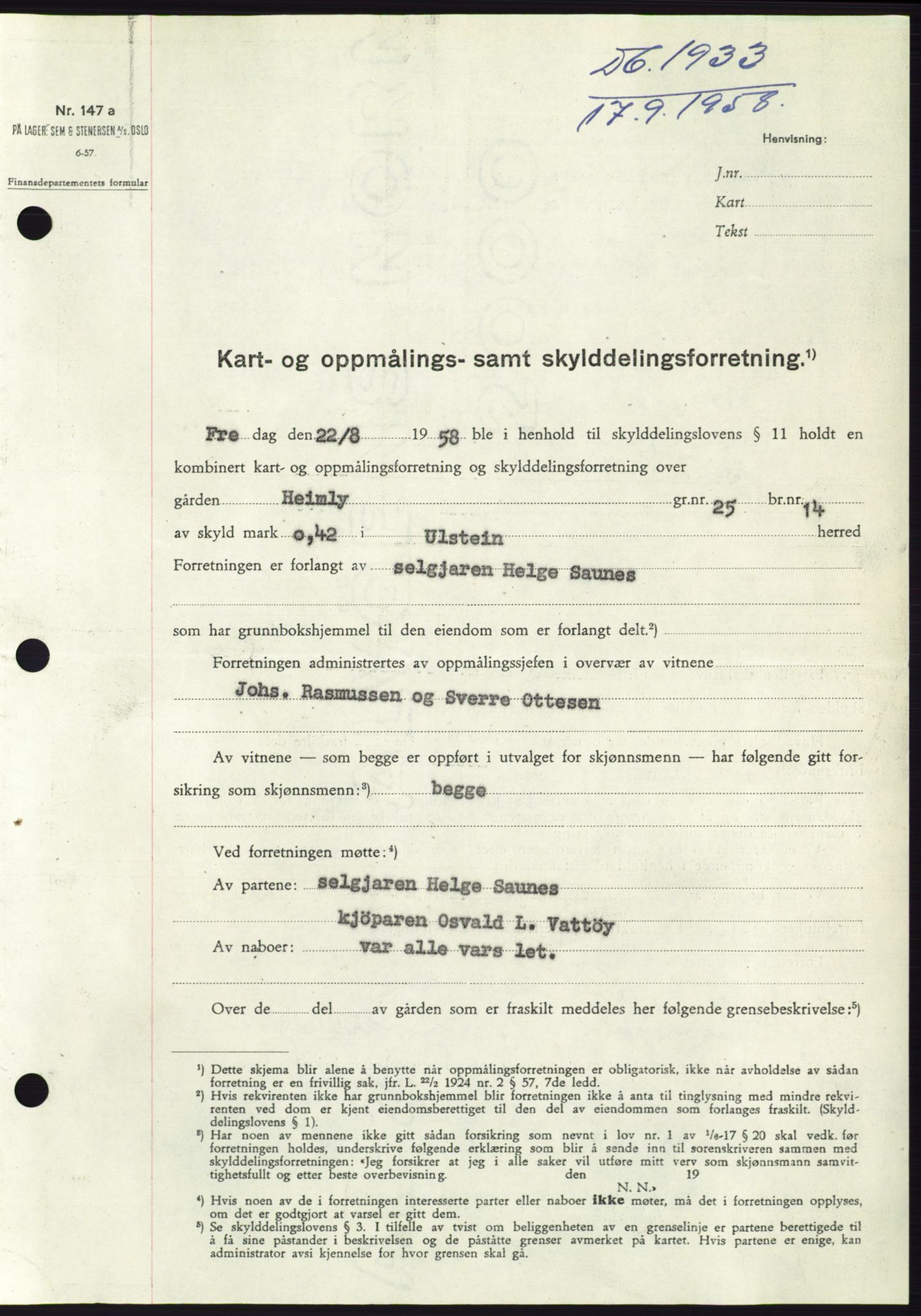 Søre Sunnmøre sorenskriveri, AV/SAT-A-4122/1/2/2C/L0110: Pantebok nr. 36A, 1958-1958, Dagboknr: 1933/1958