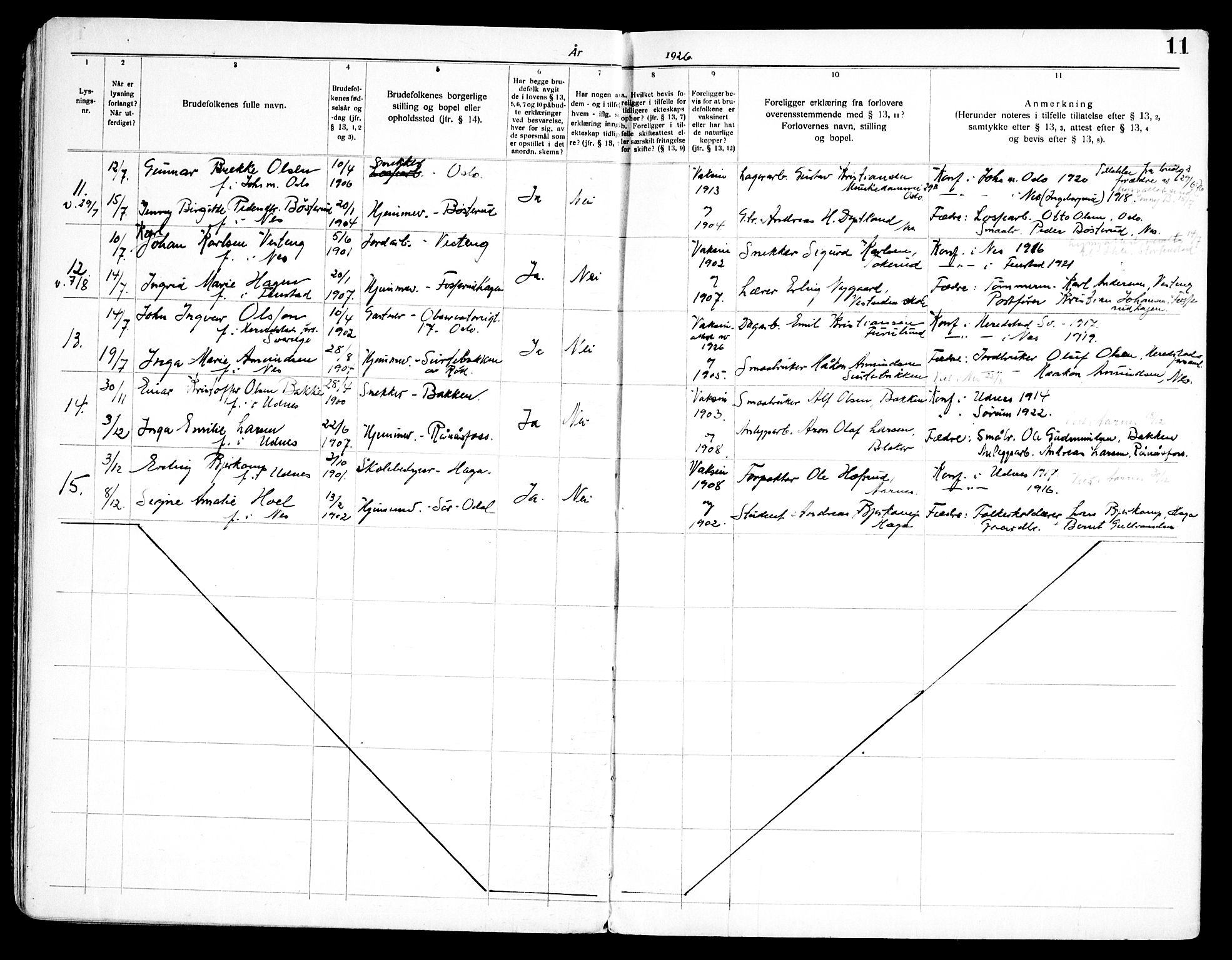 Nes prestekontor Kirkebøker, AV/SAO-A-10410/H/L0004: Lysningsprotokoll nr. 4, 1920-1961, s. 11