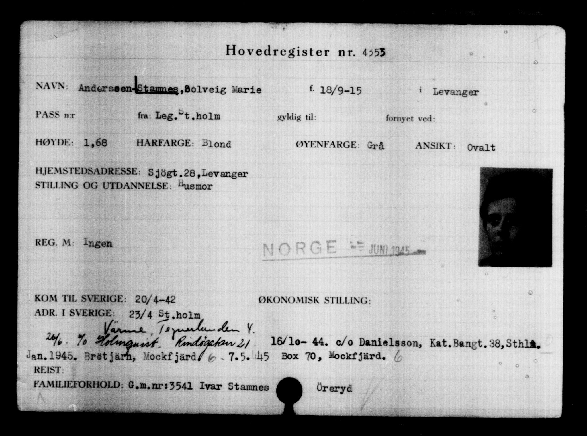 Utenriksstasjonene, Legasjonen i Stockholm, Flyktningkontoret, AV/RA-S-6753/V/Va/L0004: Kjesäterkartoteket, flyktninger med registreringsnr. 3496-6610, 1940-1945, s. 1037