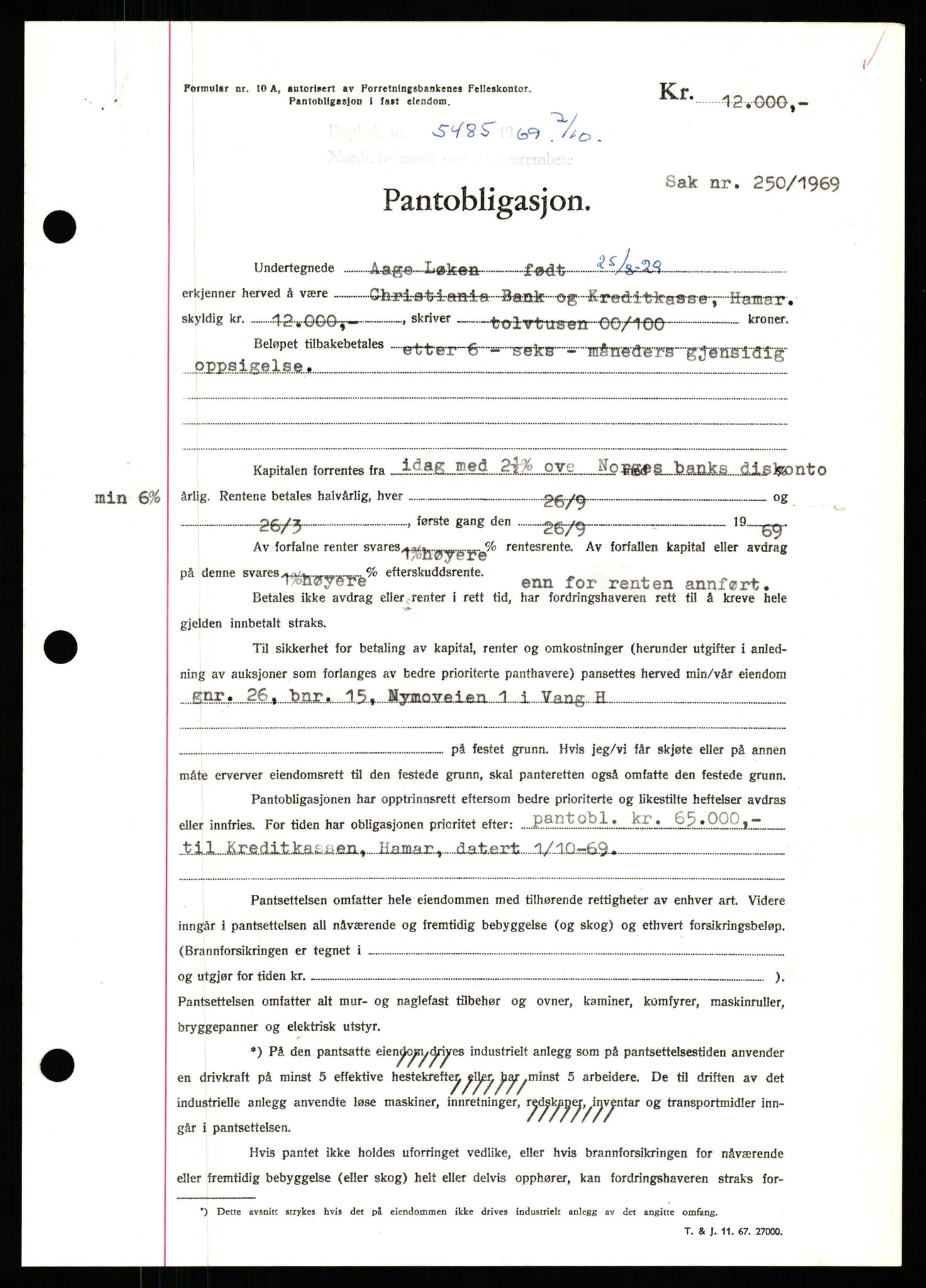Nord-Hedmark sorenskriveri, SAH/TING-012/H/Hb/Hbf/L0081: Pantebok nr. B81, 1969-1969, Dagboknr: 5485/1969