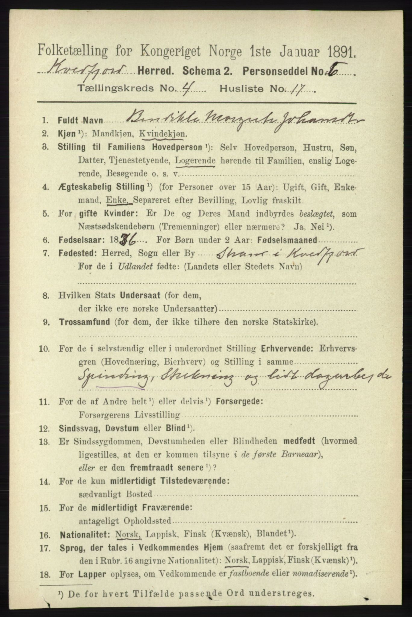 RA, Folketelling 1891 for 1911 Kvæfjord herred, 1891, s. 1998
