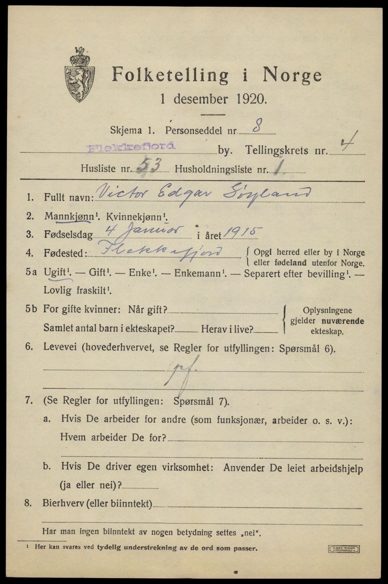 SAK, Folketelling 1920 for 1004 Flekkefjord kjøpstad, 1920, s. 5112