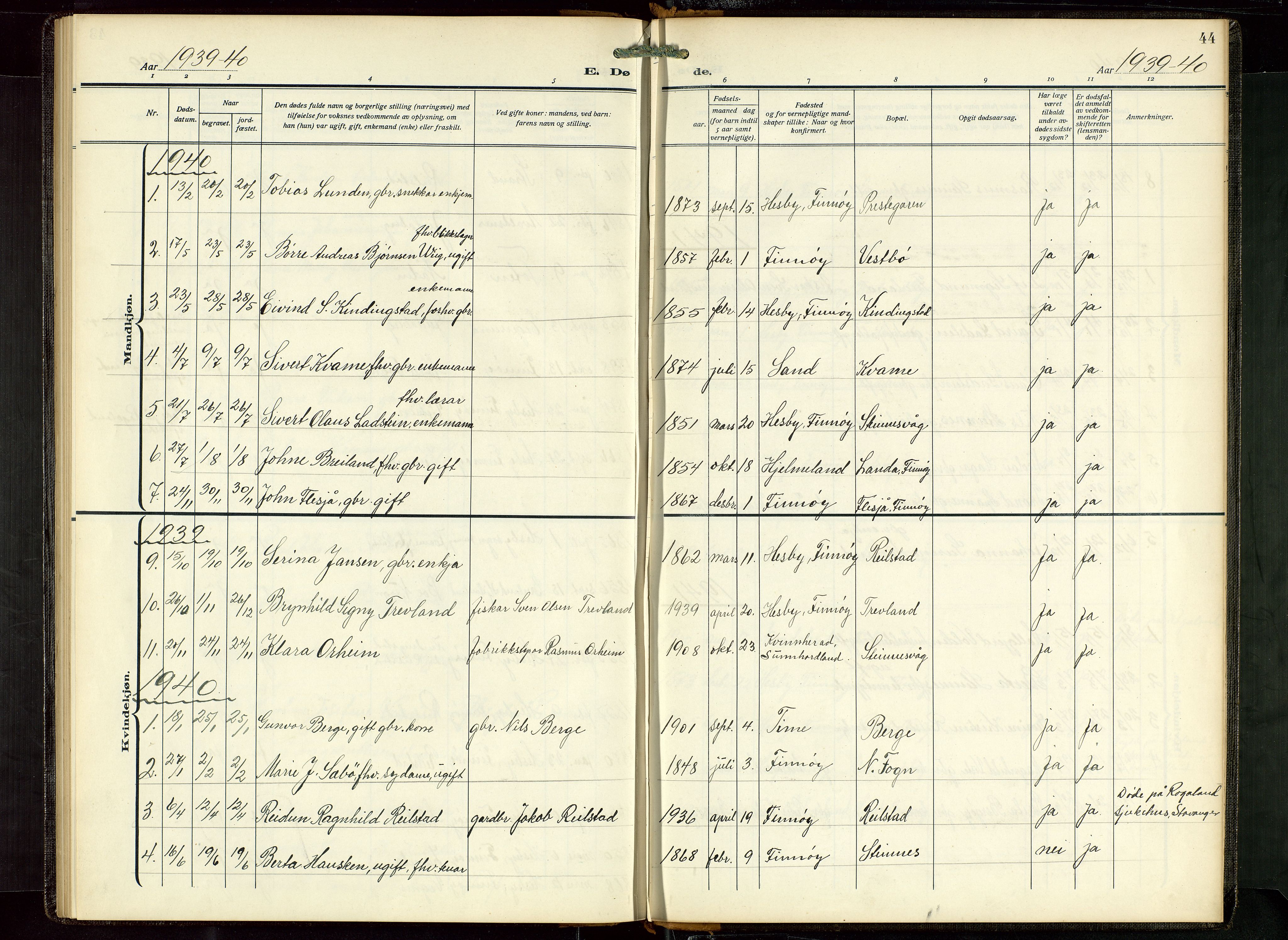 Finnøy sokneprestkontor, SAST/A-101825/H/Ha/Hab/L0008: Klokkerbok nr. B 8, 1935-1946, s. 44