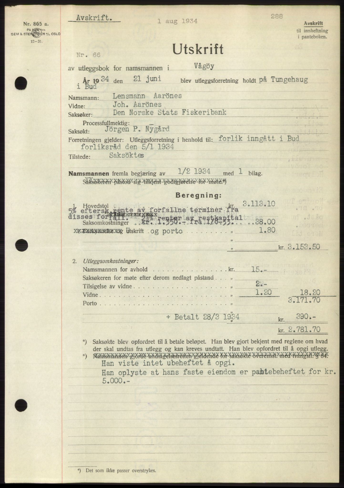 Romsdal sorenskriveri, AV/SAT-A-4149/1/2/2C/L0065: Pantebok nr. 59, 1934-1934, Tingl.dato: 01.08.1934