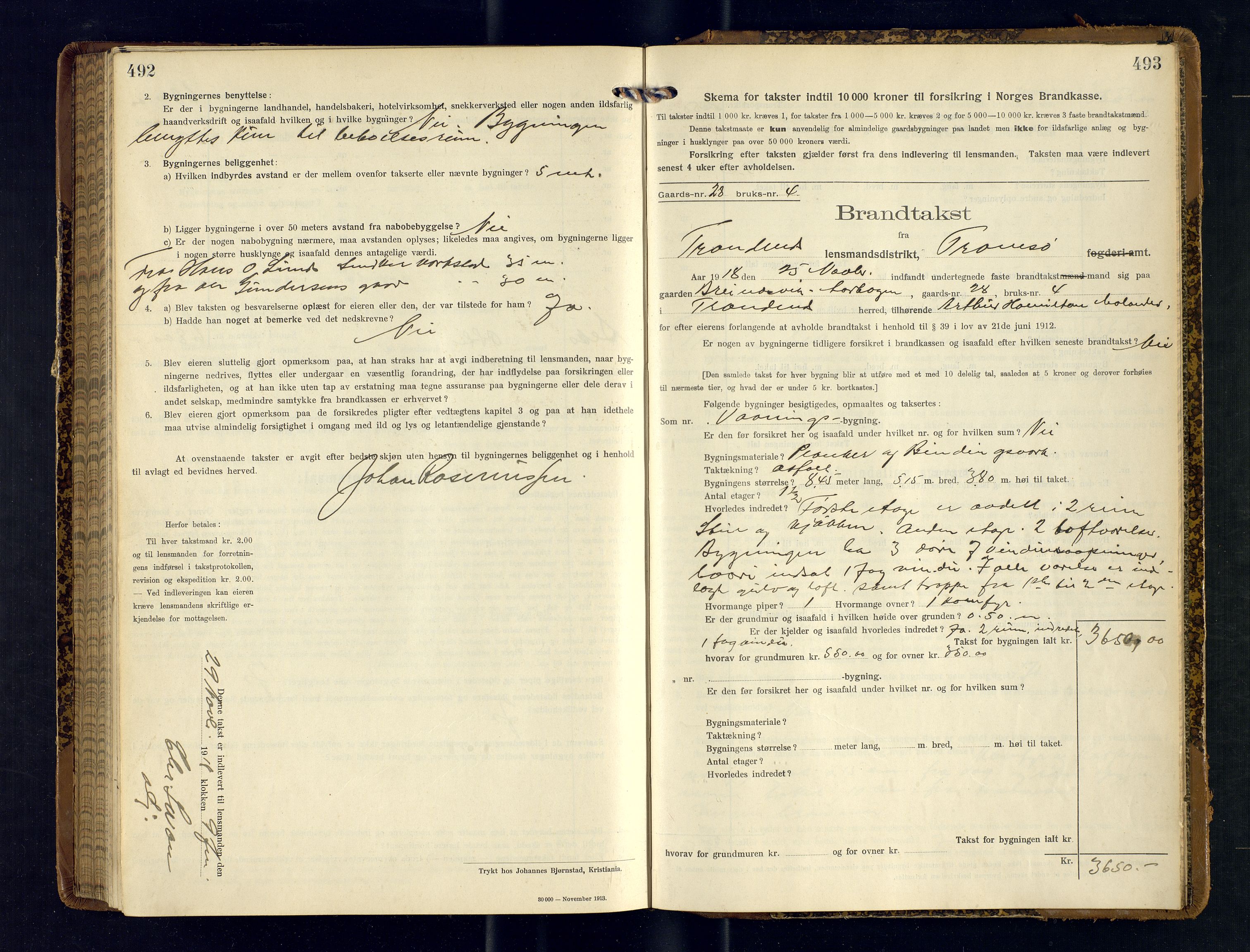 Harstad lensmannskontor, AV/SATØ-SATØ-10/F/Fr/Fra/L0608: Branntakstprotokoll (S). Merket X. Med register, 1916-1918, s. 492-493