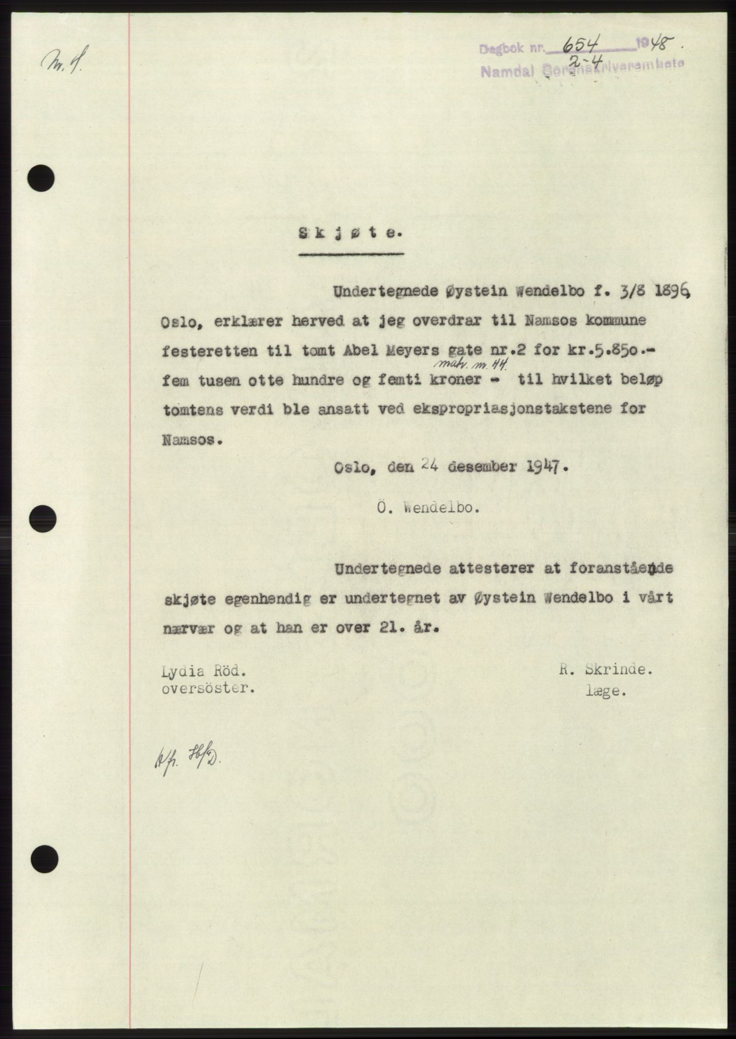 Namdal sorenskriveri, SAT/A-4133/1/2/2C: Pantebok nr. -, 1947-1948, Dagboknr: 654/1948