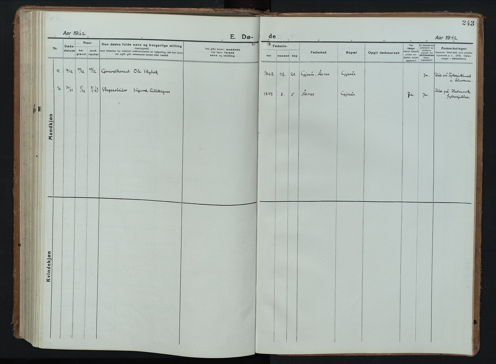 Åsnes prestekontor, AV/SAH-PREST-042/H/Ha/Hab/L0012: Klokkerbok nr. 12, 1921-1942, s. 243