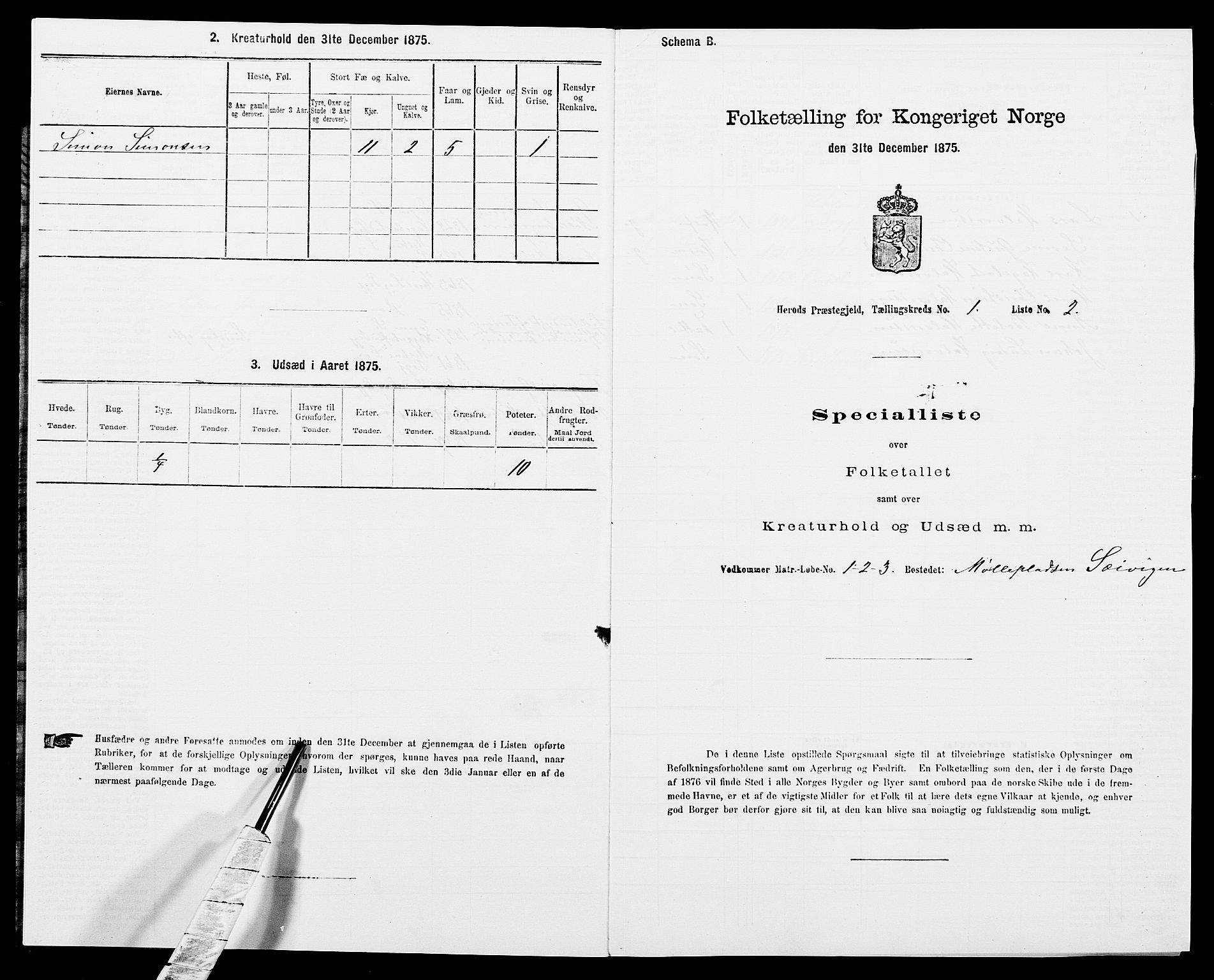 SAK, Folketelling 1875 for 1039P Herad prestegjeld, 1875, s. 44