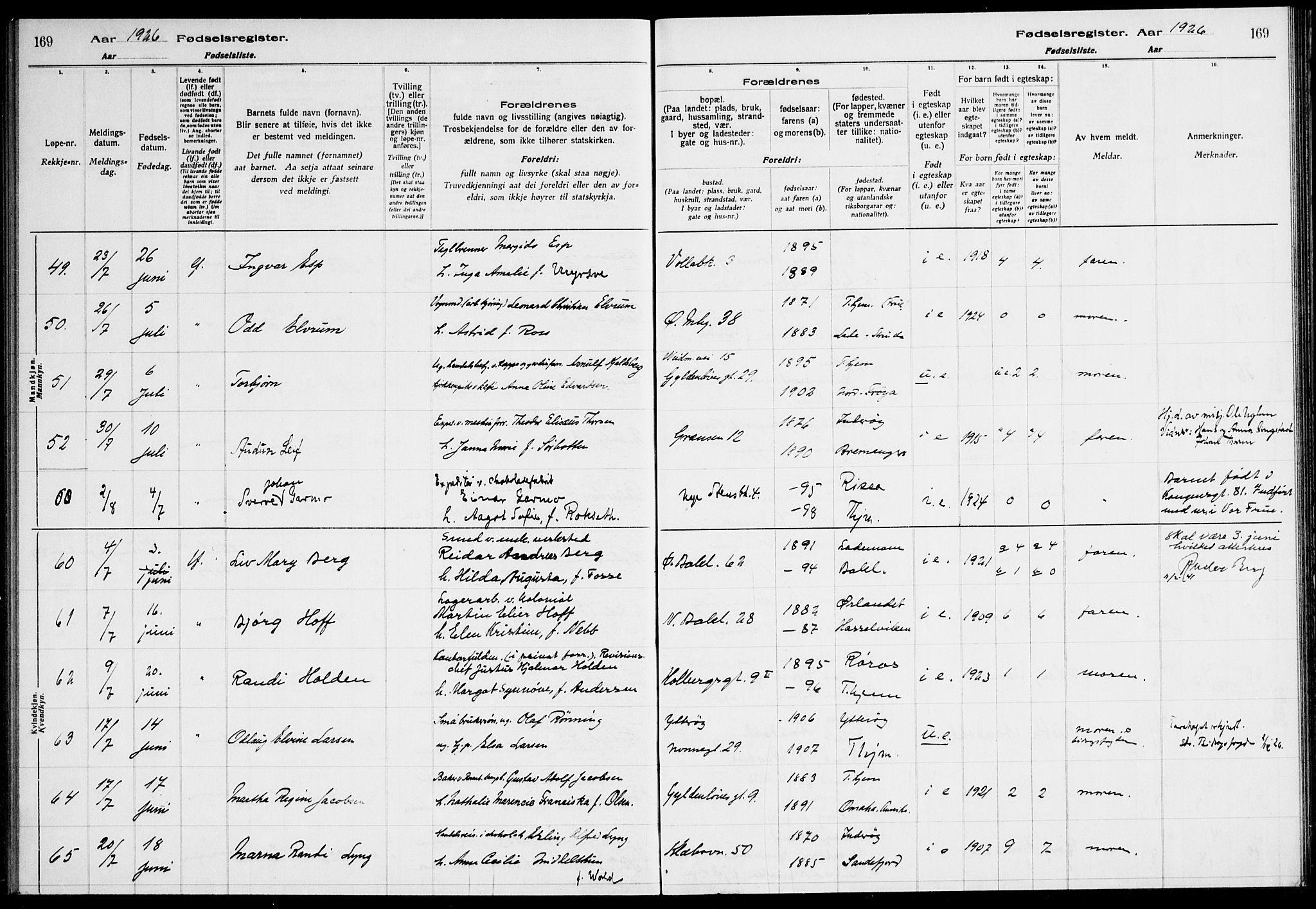 Ministerialprotokoller, klokkerbøker og fødselsregistre - Sør-Trøndelag, AV/SAT-A-1456/604/L0233: Fødselsregister nr. 604.II.4.2, 1920-1928, s. 169