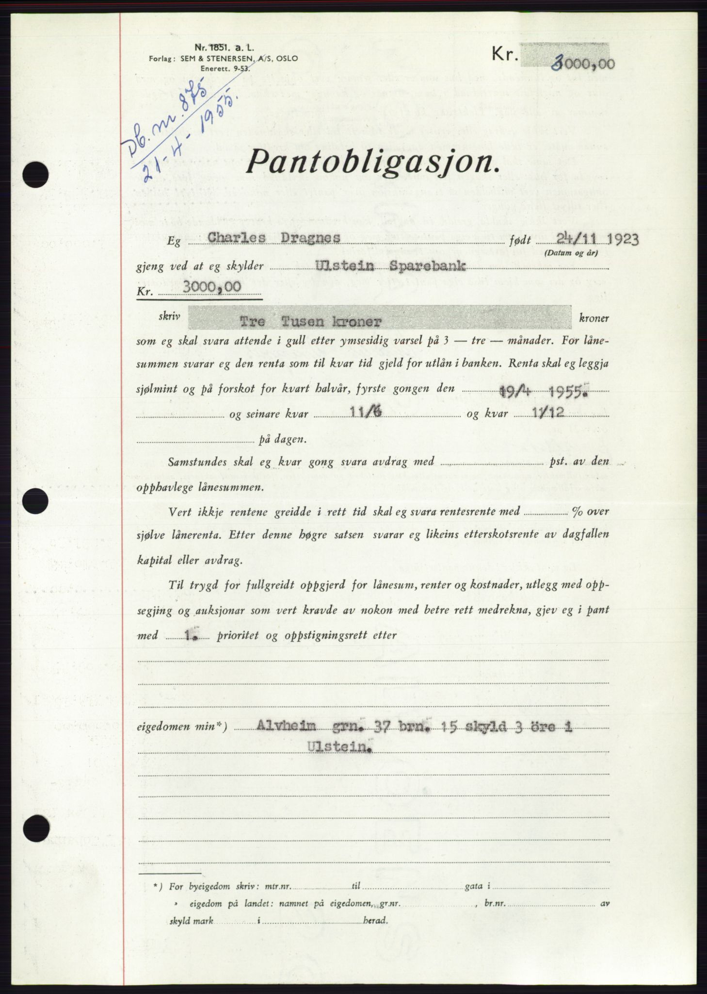 Søre Sunnmøre sorenskriveri, AV/SAT-A-4122/1/2/2C/L0126: Pantebok nr. 14B, 1954-1955, Dagboknr: 875/1955