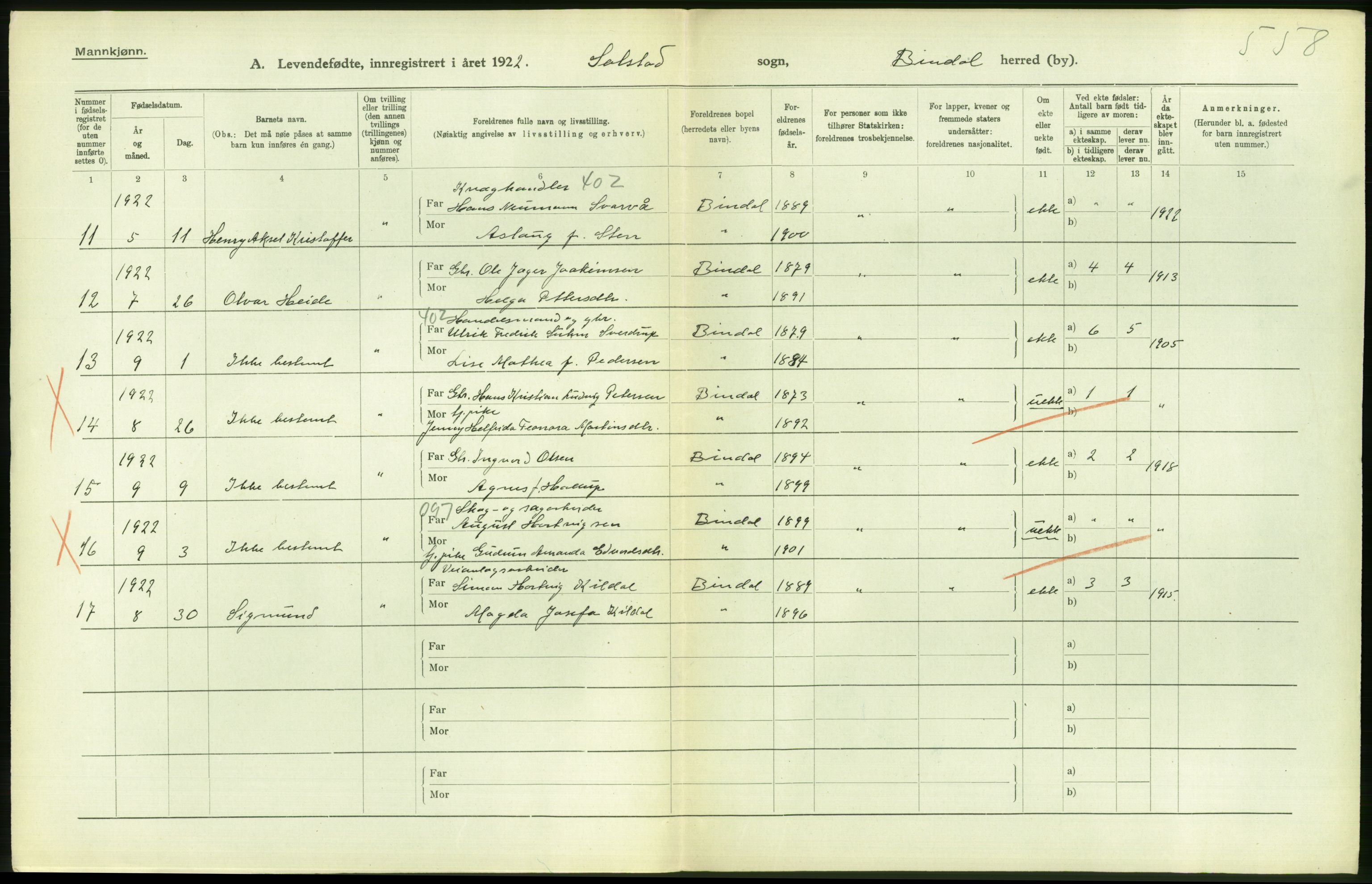 Statistisk sentralbyrå, Sosiodemografiske emner, Befolkning, AV/RA-S-2228/D/Df/Dfc/Dfcb/L0044: Nordland fylke: Levendefødte menn og kvinner. Bygder og byer., 1922, s. 490