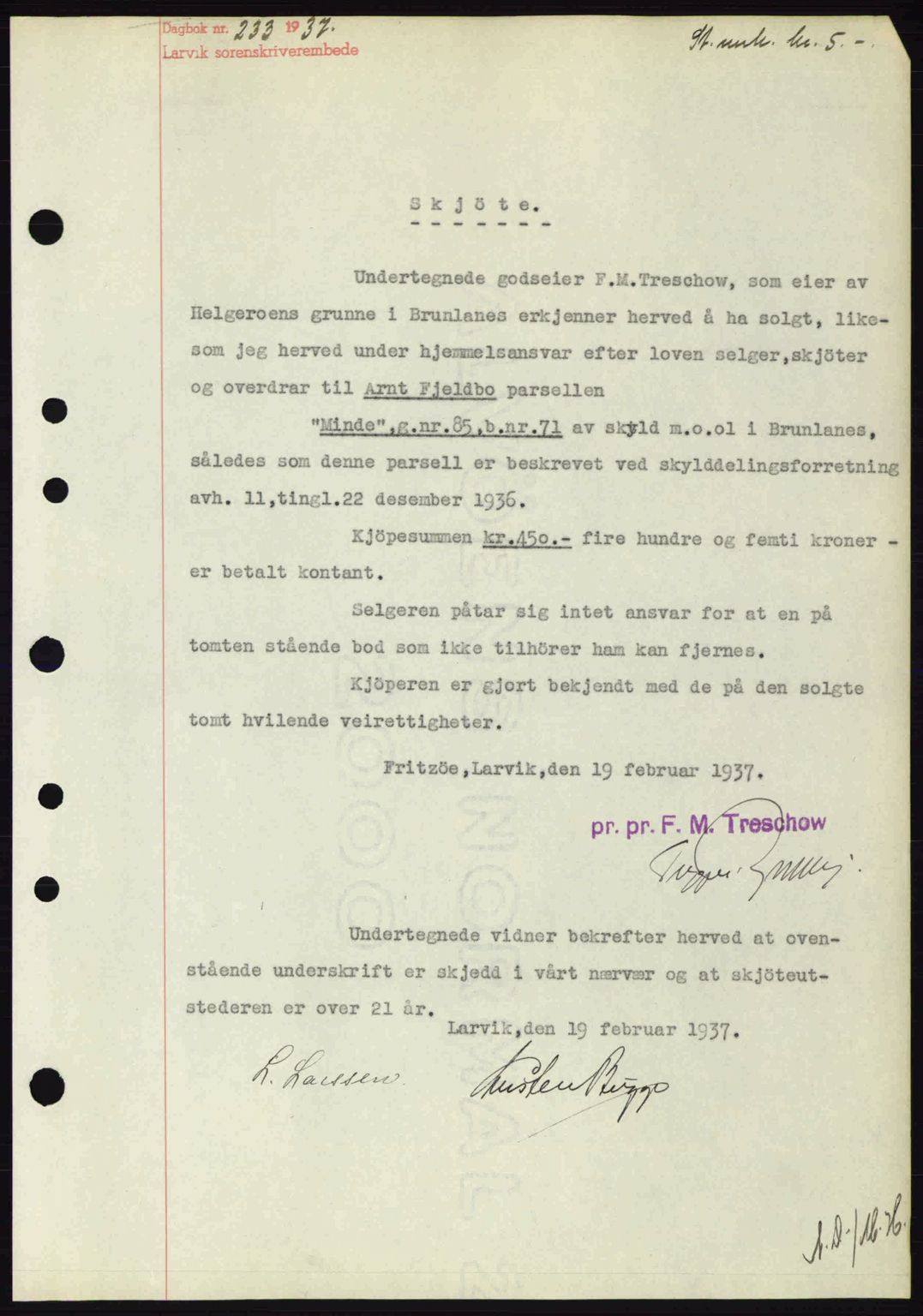 Larvik sorenskriveri, SAKO/A-83/G/Ga/Gab/L0067: Pantebok nr. A-1, 1936-1937, Dagboknr: 233/1937