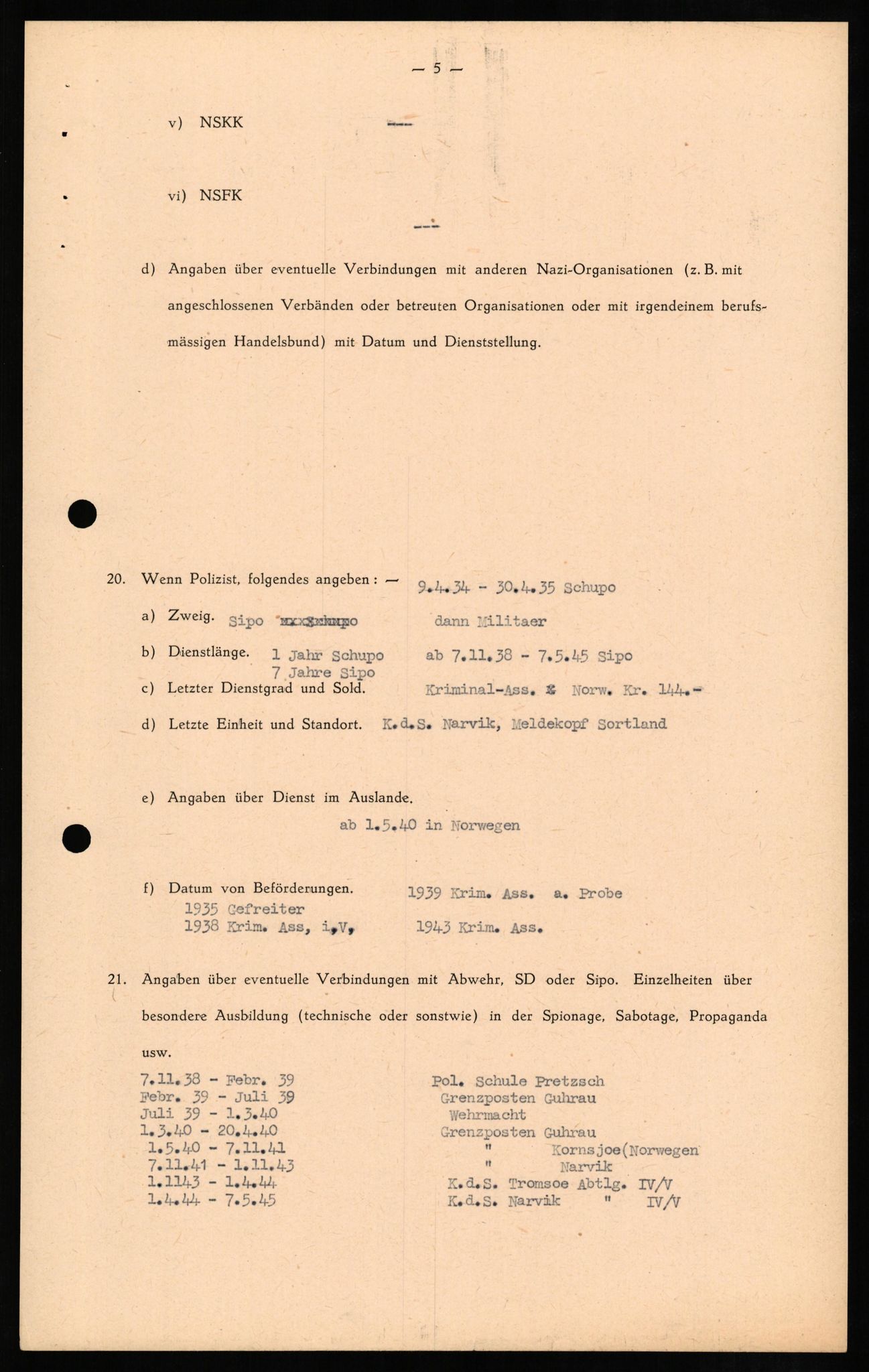 Forsvaret, Forsvarets overkommando II, RA/RAFA-3915/D/Db/L0011: CI Questionaires. Tyske okkupasjonsstyrker i Norge. Tyskere., 1945-1946, s. 59