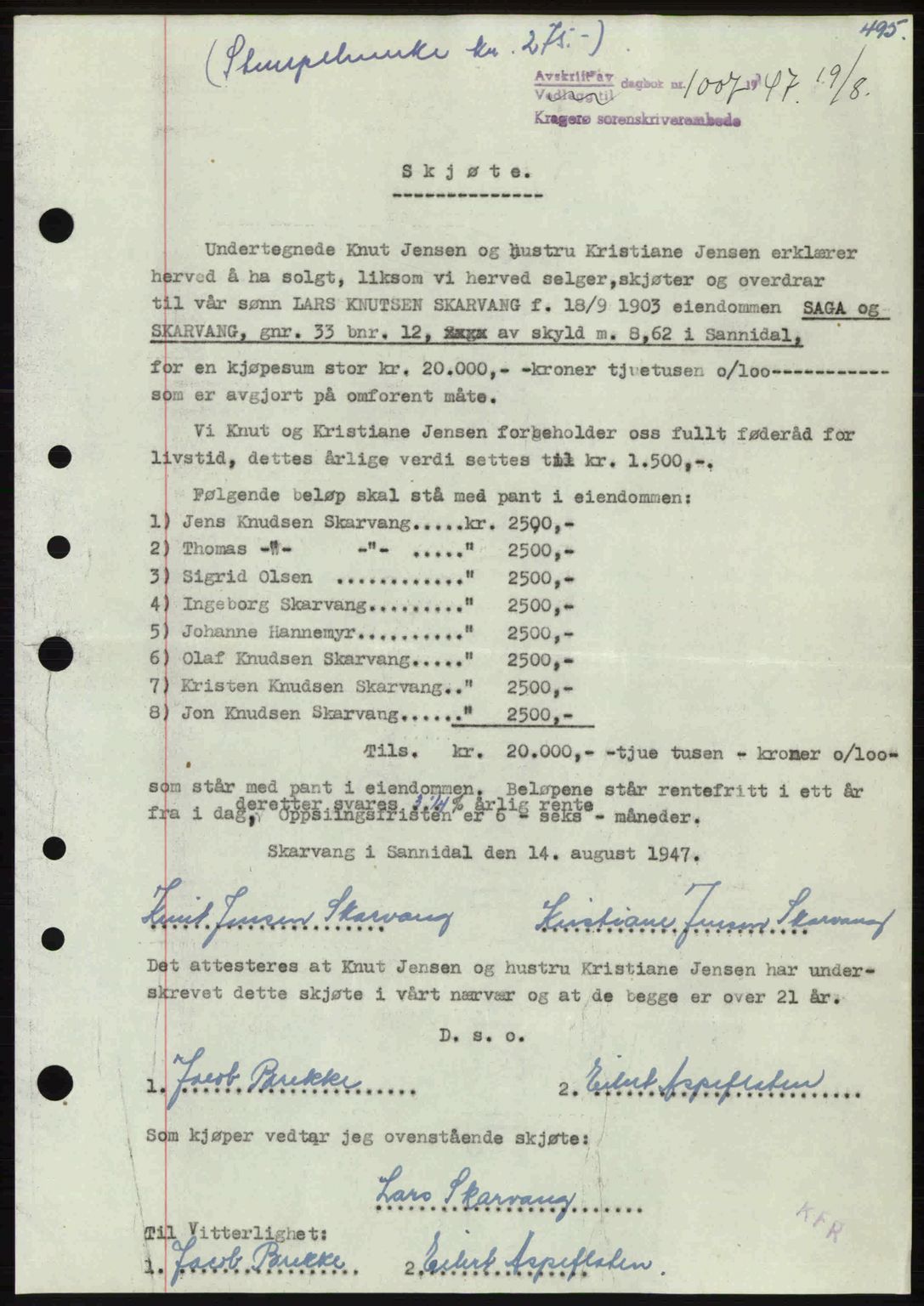 Kragerø sorenskriveri, SAKO/A-65/G/Ga/Gab/L0061: Pantebok nr. A-61, 1947-1947, Dagboknr: 1007/1947
