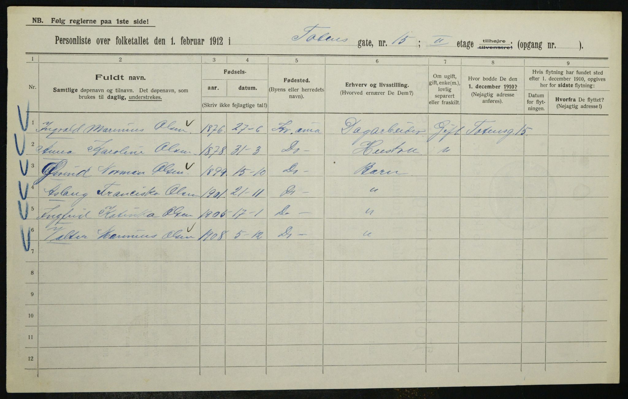 OBA, Kommunal folketelling 1.2.1912 for Kristiania, 1912, s. 115579