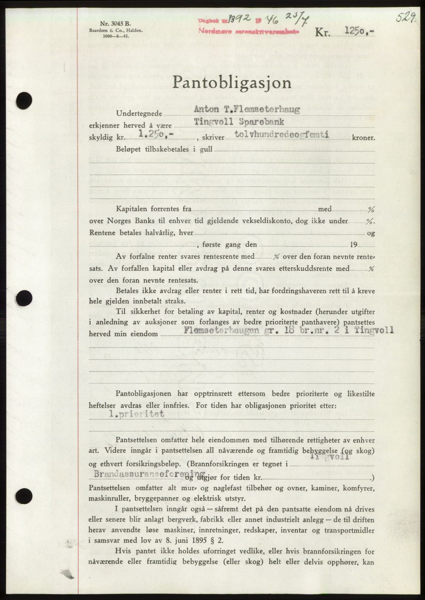 Nordmøre sorenskriveri, AV/SAT-A-4132/1/2/2Ca: Pantebok nr. B94, 1946-1946, Dagboknr: 1392/1946