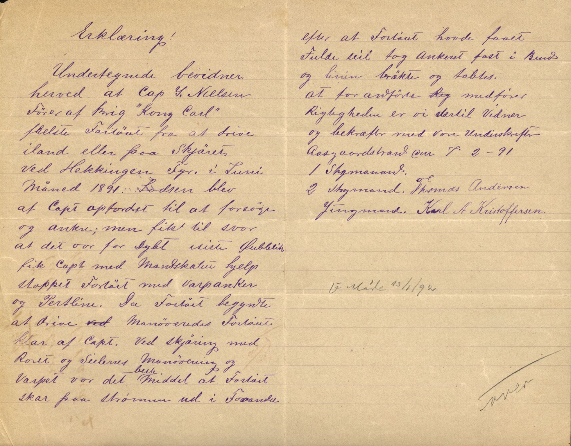 Pa 63 - Østlandske skibsassuranceforening, VEMU/A-1079/G/Ga/L0027/0001: Havaridokumenter / Magnolia, Kong Carl, Louise, Lindsay, Activ av Flekkefjord, 1891, s. 14