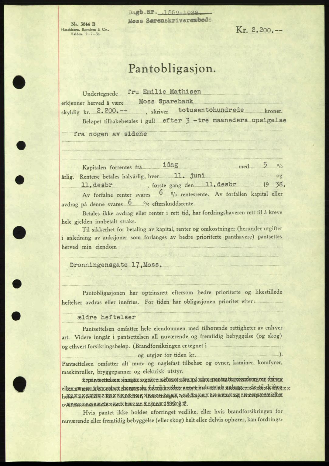 Moss sorenskriveri, SAO/A-10168: Pantebok nr. B6, 1938-1938, Dagboknr: 1559/1938