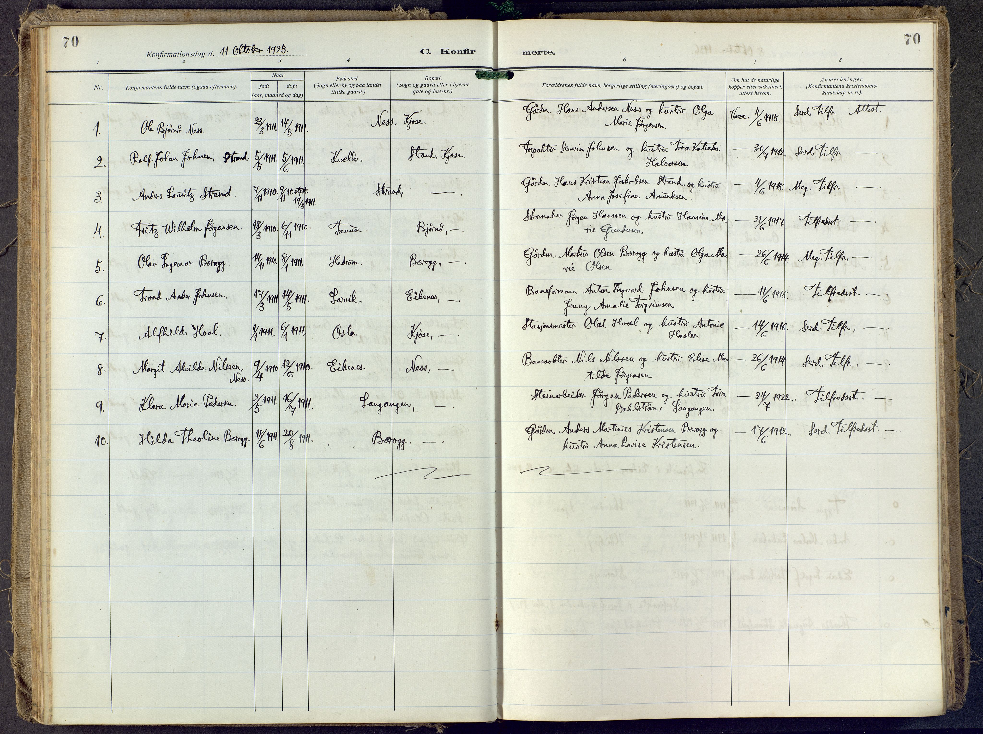 Brunlanes kirkebøker, AV/SAKO-A-342/F/Fd/L0002: Ministerialbok nr. IV 2, 1918-1958, s. 70