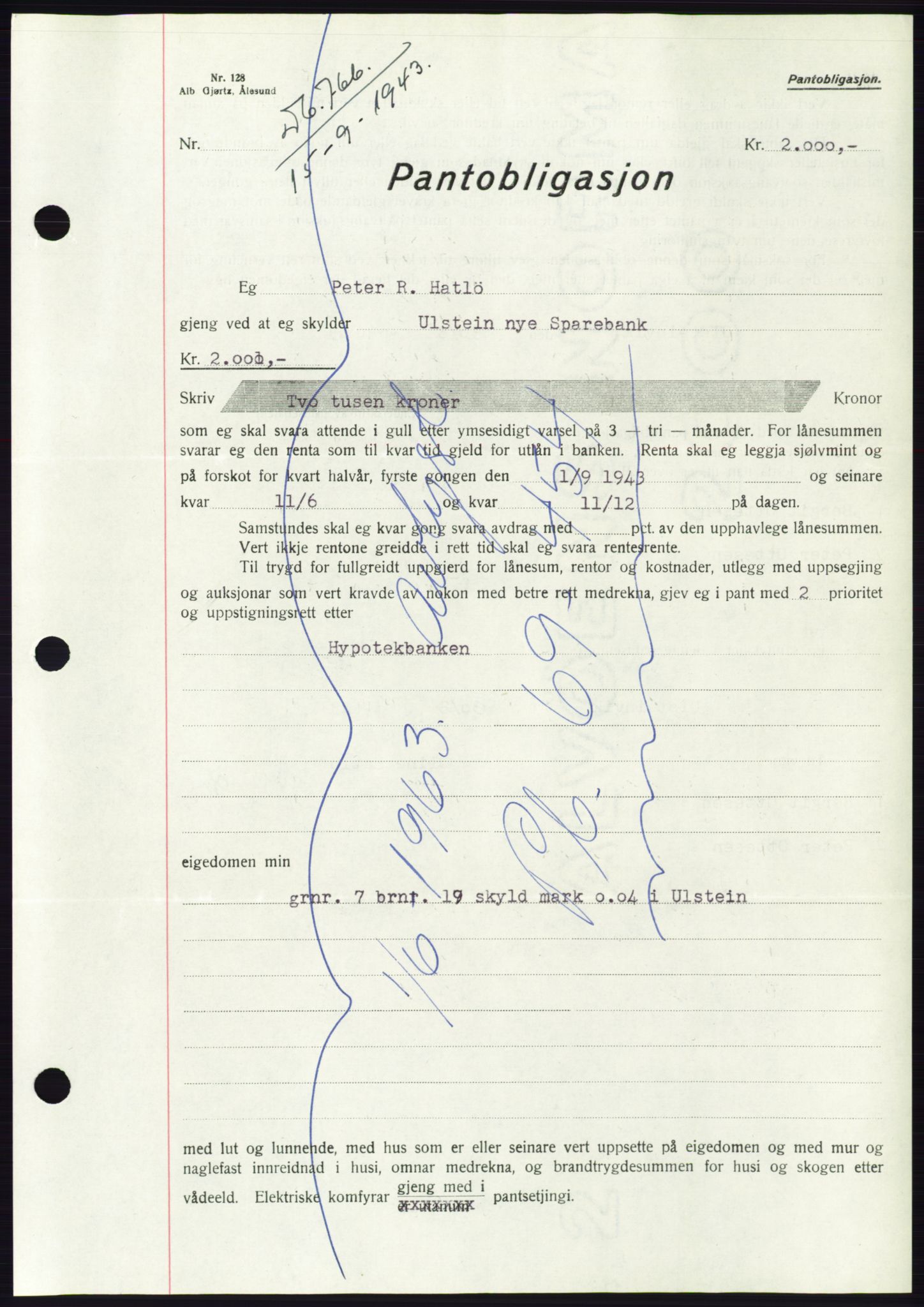 Søre Sunnmøre sorenskriveri, AV/SAT-A-4122/1/2/2C/L0114: Pantebok nr. 1-2B, 1943-1947, Dagboknr: 766/1943