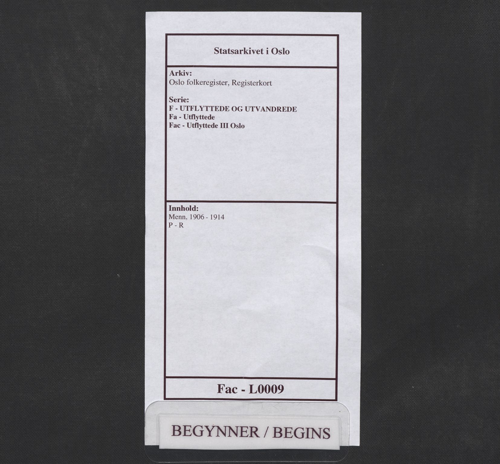 Oslo folkeregister, Registerkort, SAO/A-11715/F/Fa/Fac/L0009: Menn, 1906-1914