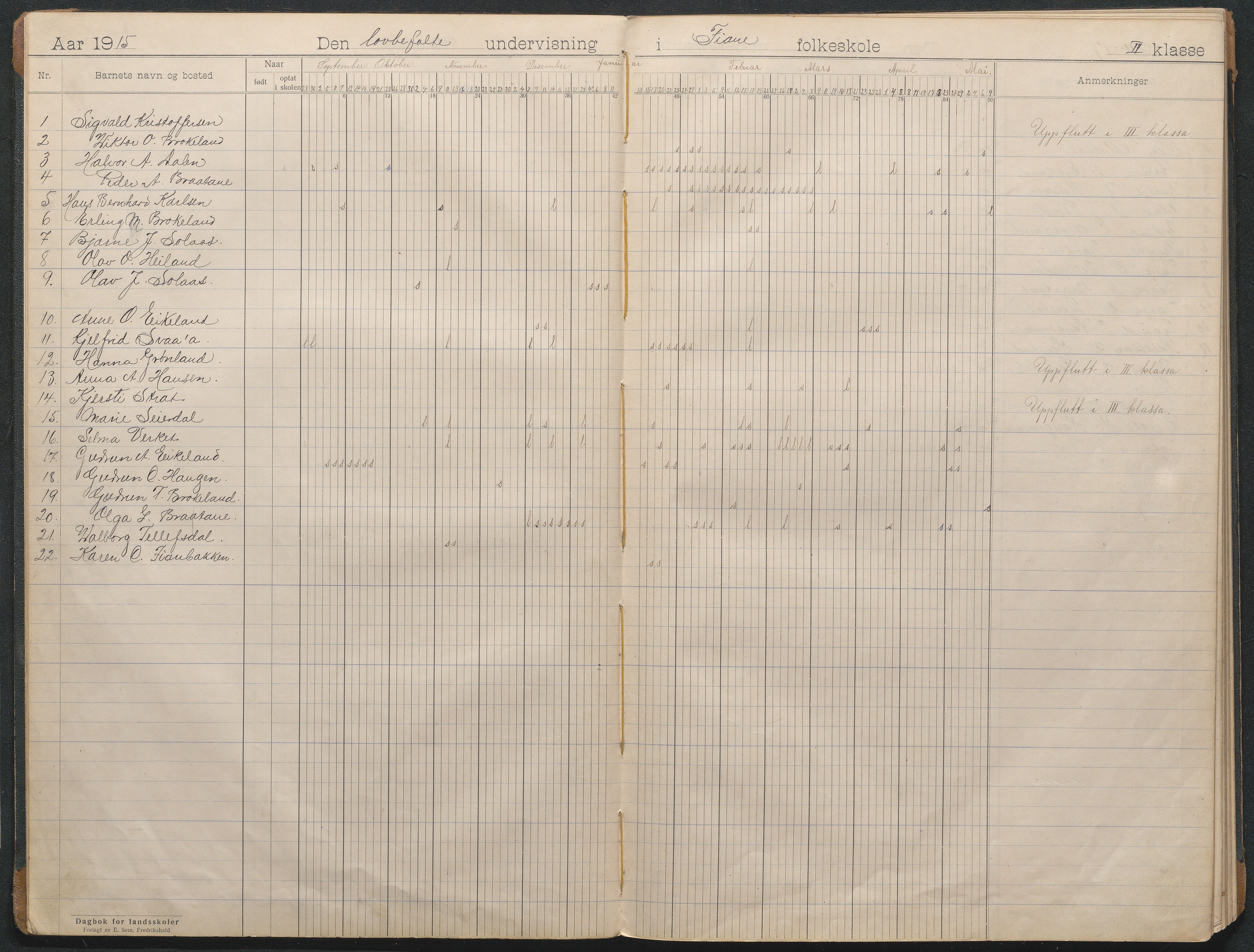 Gjerstad Kommune, Fiane og Fossen Skole, AAMA/KA0911-550j/F01/L0006: Dagbok Fiane skole, 1915-1944