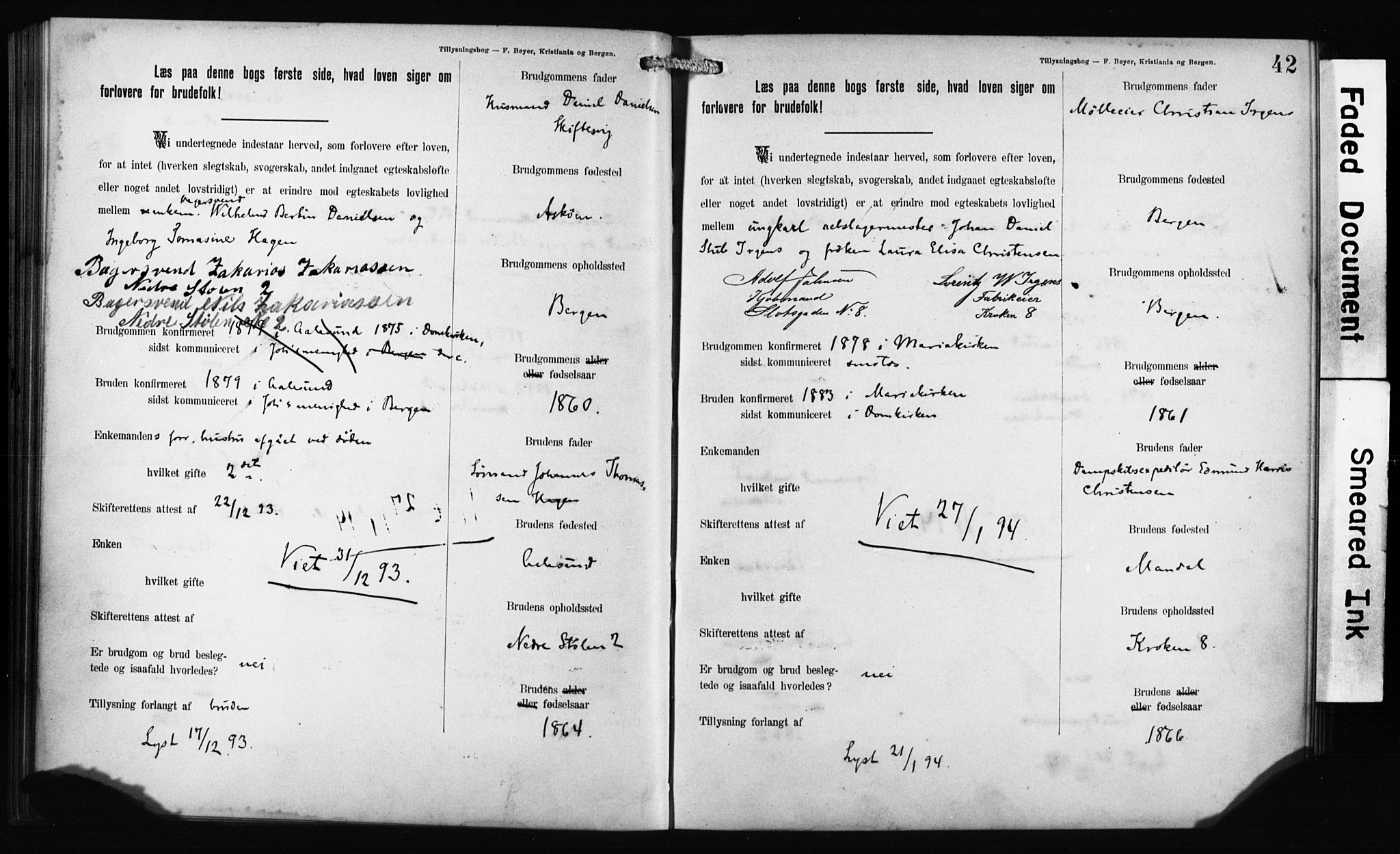 Mariakirken Sokneprestembete, SAB/A-76901: Forlovererklæringer nr. II.5.1, 1891-1901, s. 42
