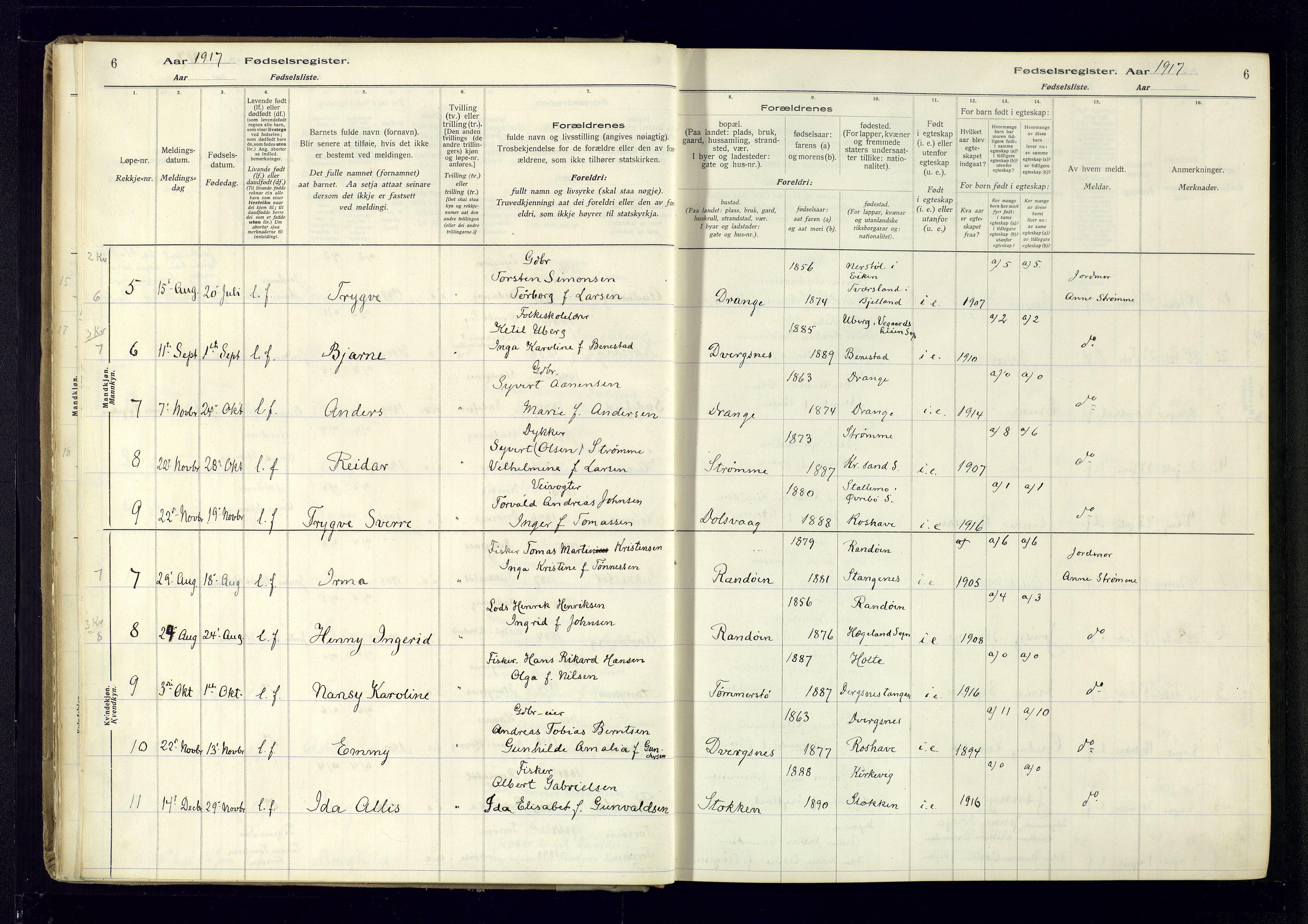 Oddernes sokneprestkontor, AV/SAK-1111-0033/J/Ja/L0007: Fødselsregister nr. 7, 1916-1971, s. 6