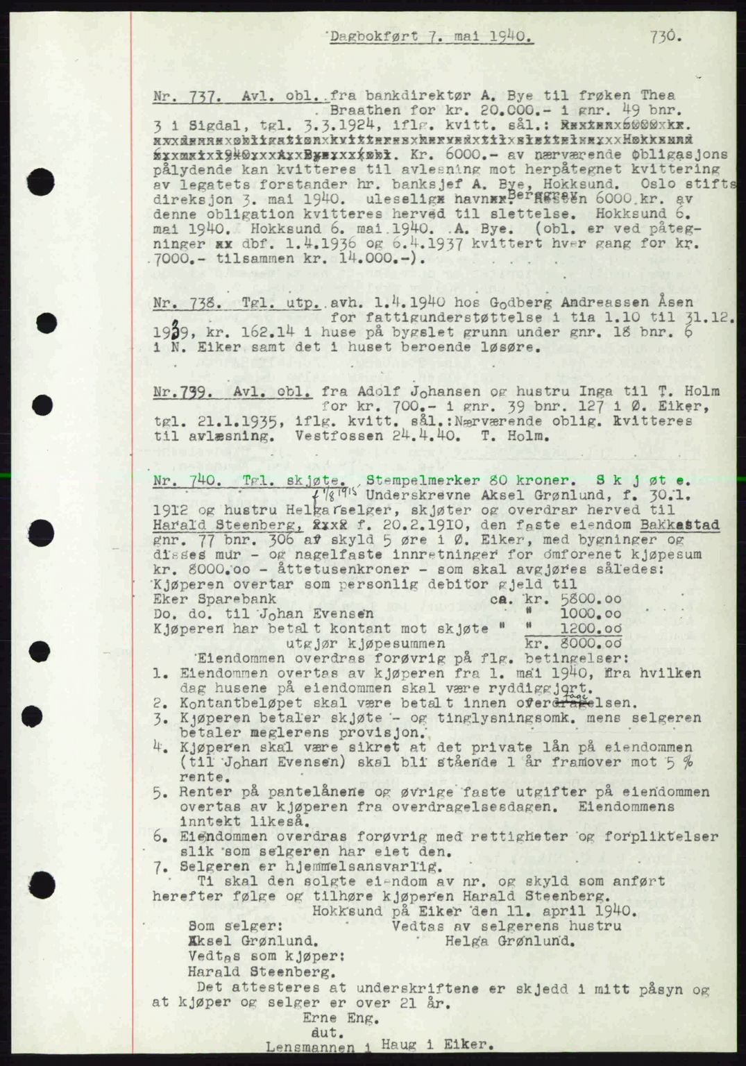 Eiker, Modum og Sigdal sorenskriveri, SAKO/A-123/G/Ga/Gab/L0041: Pantebok nr. A11, 1939-1940, Dagboknr: 737/1940