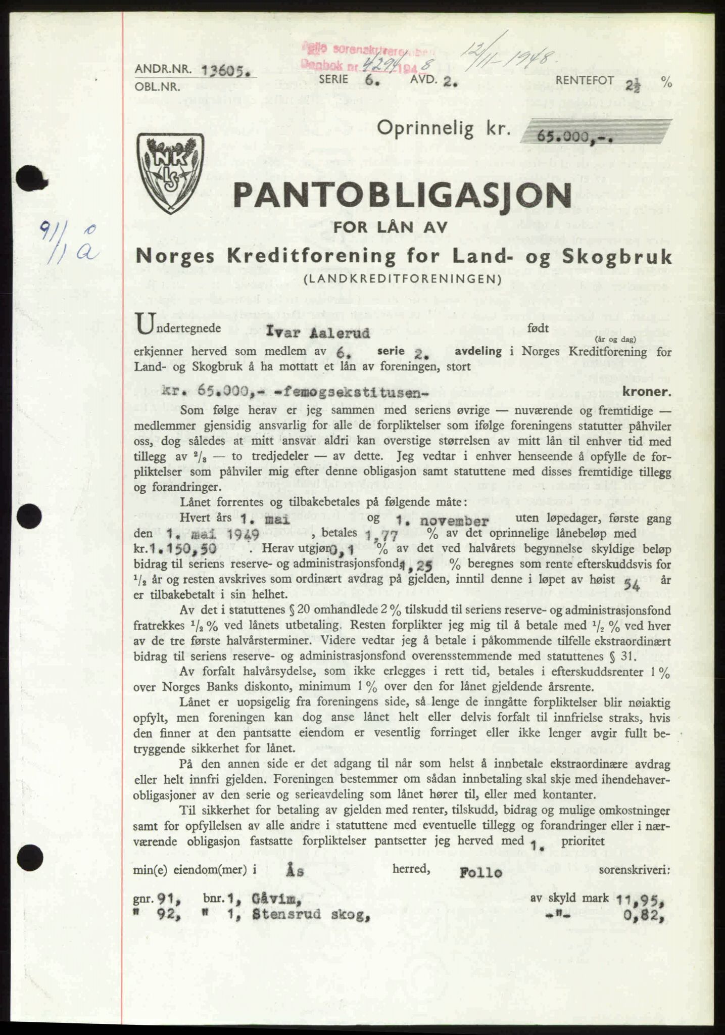 Follo sorenskriveri, SAO/A-10274/G/Ga/Gaa/L0085: Pantebok nr. I 85, 1948-1948, Dagboknr: 4294/1948