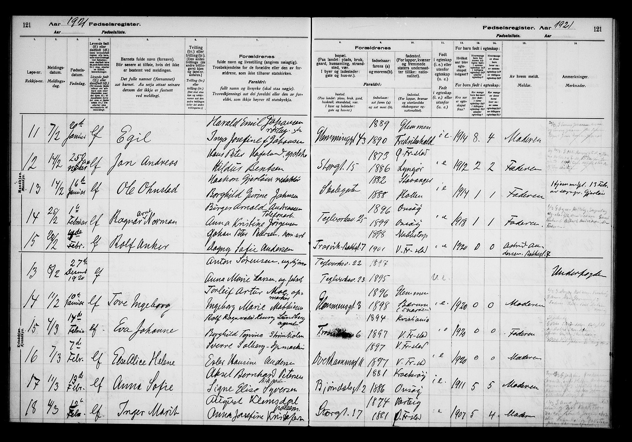 Fredrikstad domkirkes prestekontor Kirkebøker, AV/SAO-A-10906/J/*Ja/L0001: Fødselsregister nr. 1, 1916-1925, s. 121