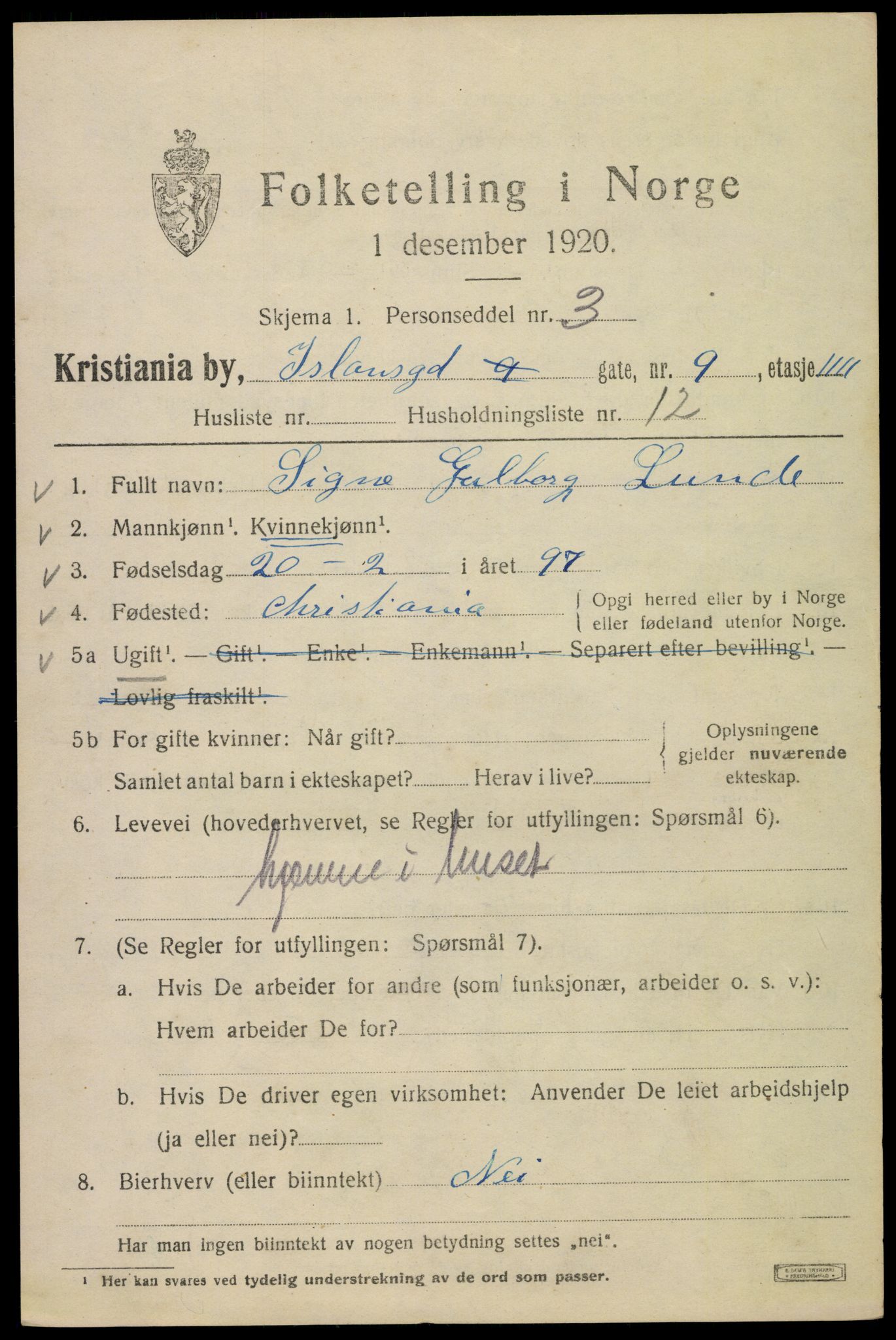 SAO, Folketelling 1920 for 0301 Kristiania kjøpstad, 1920, s. 312371