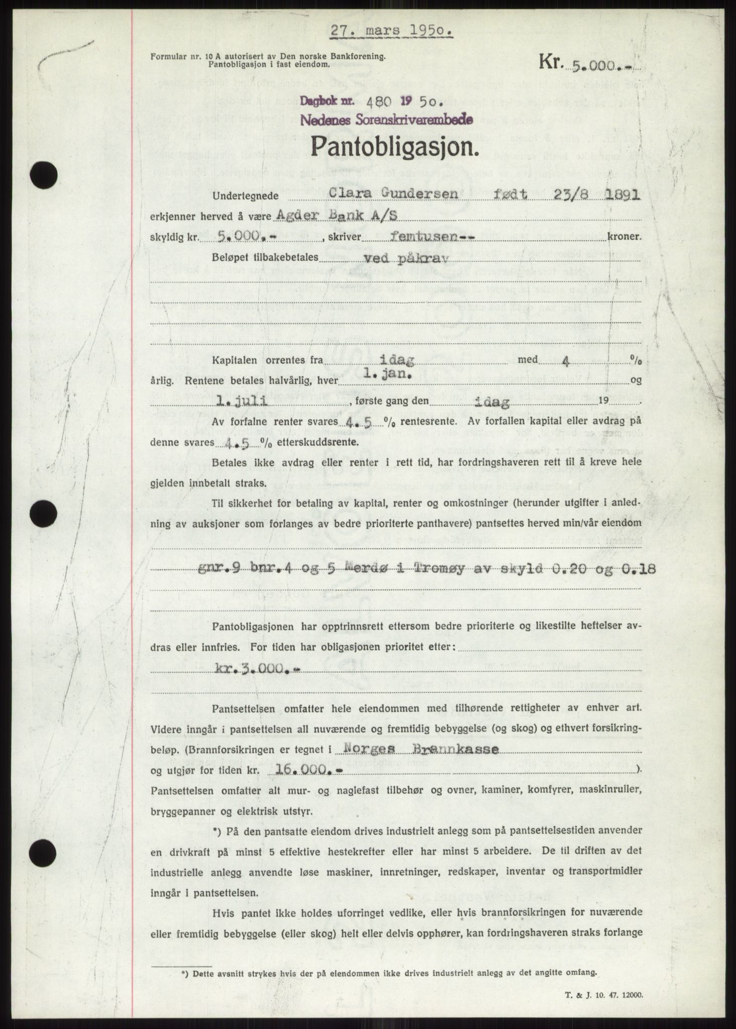 Nedenes sorenskriveri, SAK/1221-0006/G/Gb/Gbb/L0007: Pantebok nr. B7, 1949-1950, Dagboknr: 480/1950