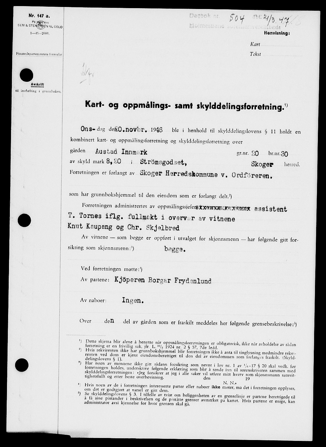 Holmestrand sorenskriveri, SAKO/A-67/G/Ga/Gaa/L0062: Pantebok nr. A-62, 1947-1947, Dagboknr: 504/1947