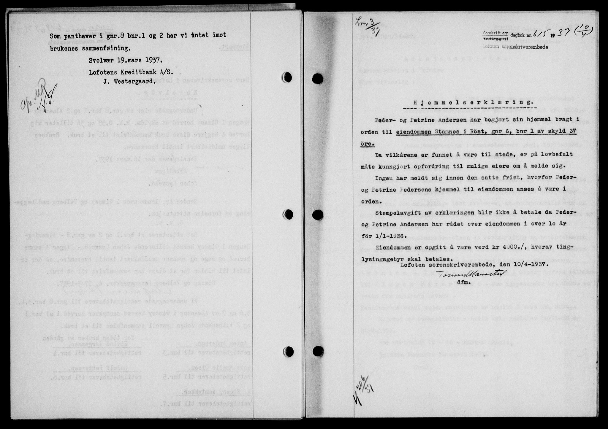 Lofoten sorenskriveri, SAT/A-0017/1/2/2C/L0002a: Pantebok nr. 2a, 1937-1937, Dagboknr: 615/1937