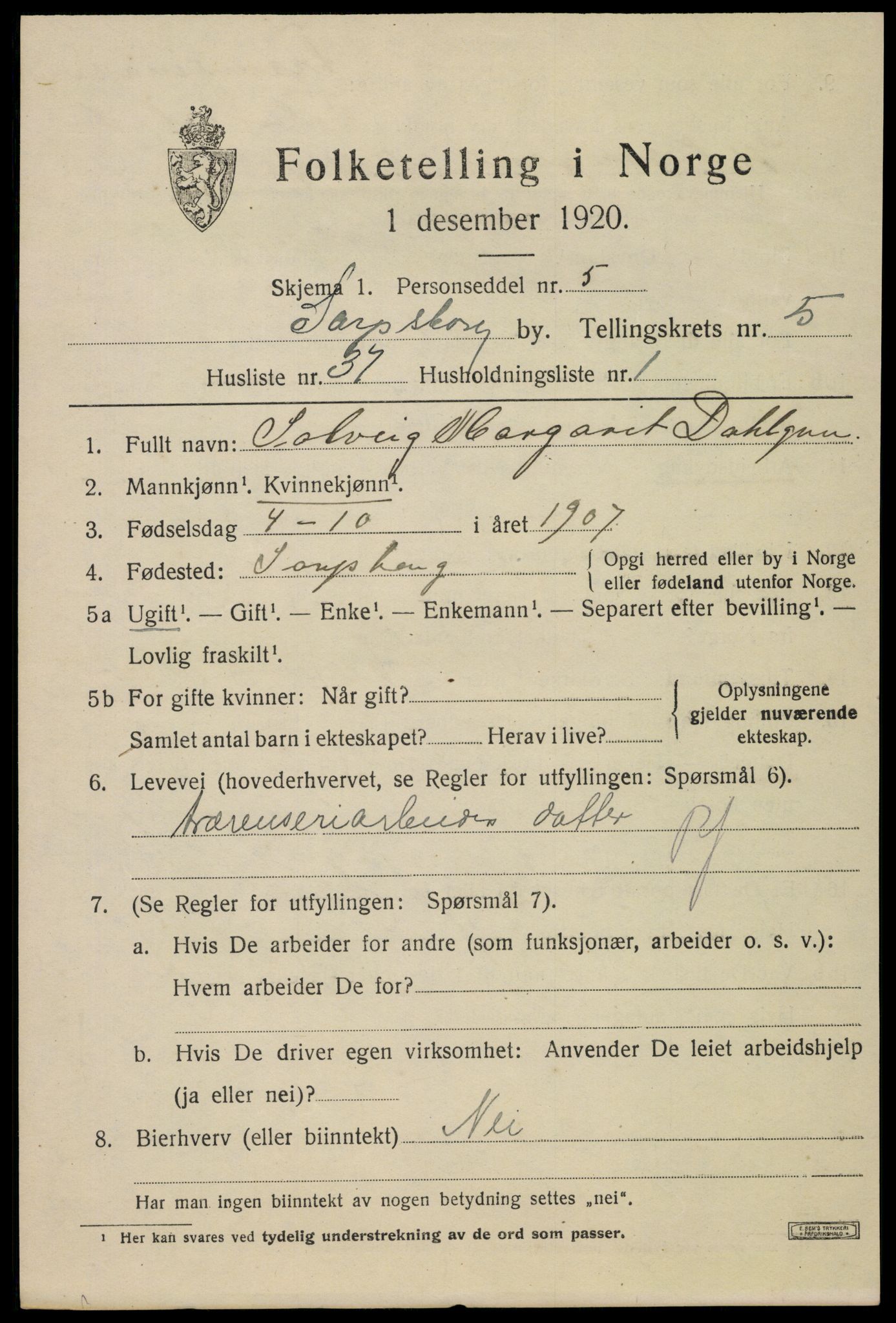 SAO, Folketelling 1920 for 0102 Sarpsborg kjøpstad, 1920, s. 14000