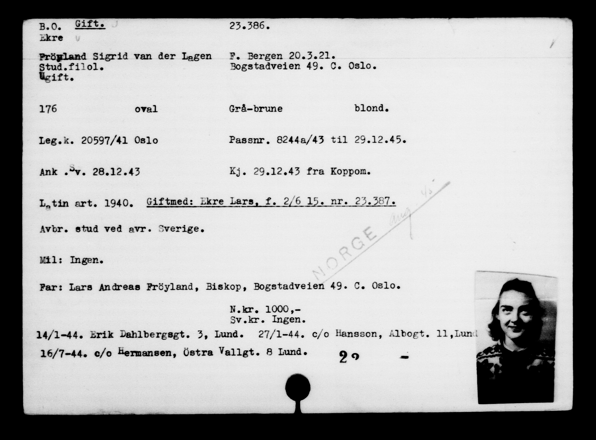 Den Kgl. Norske Legasjons Flyktningskontor, RA/S-6753/V/Va/L0010: Kjesäterkartoteket.  Flyktningenr. 22000-25314, 1940-1945, s. 1481