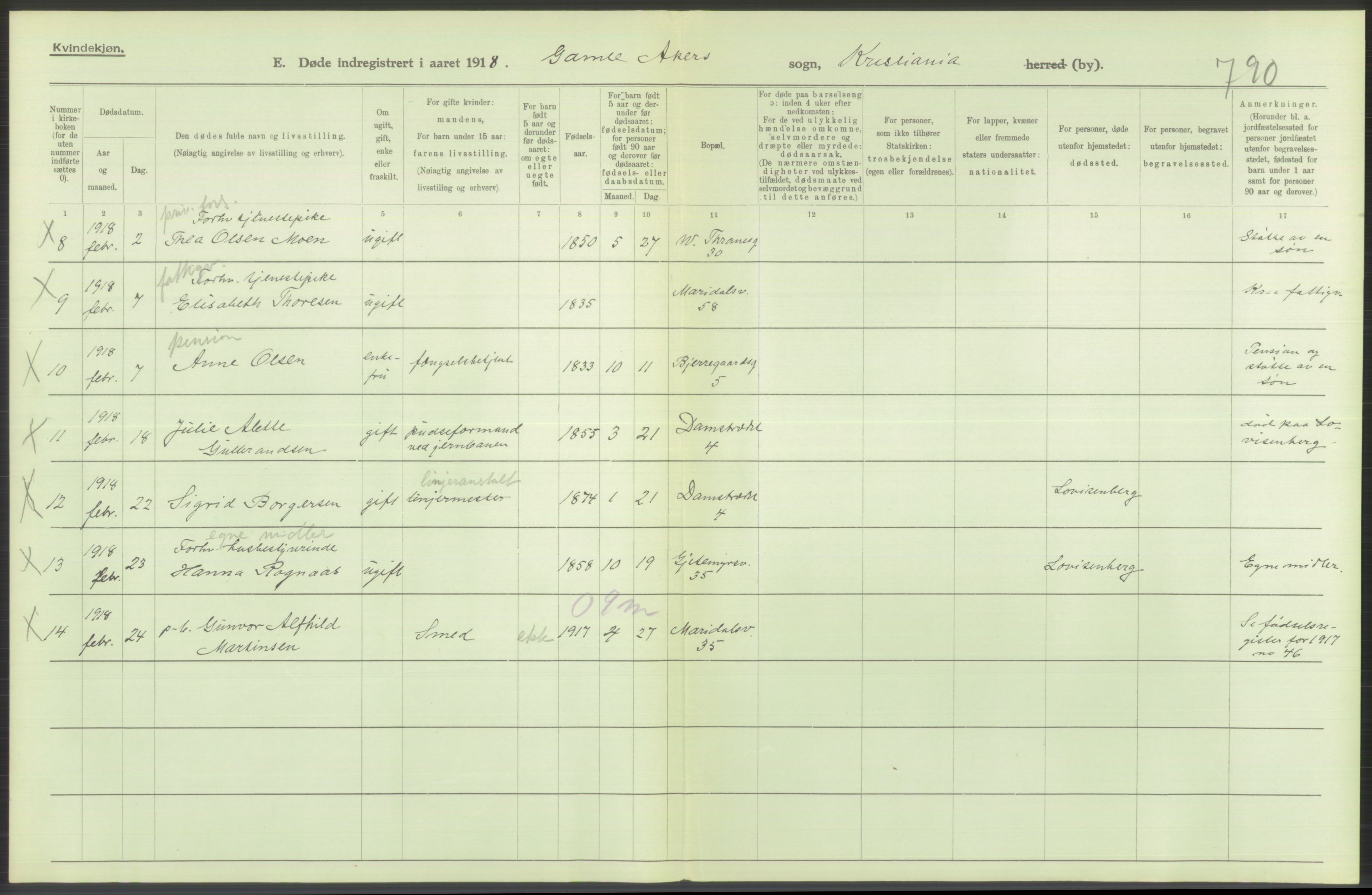 Statistisk sentralbyrå, Sosiodemografiske emner, Befolkning, AV/RA-S-2228/D/Df/Dfb/Dfbh/L0010: Kristiania: Døde, 1918, s. 342