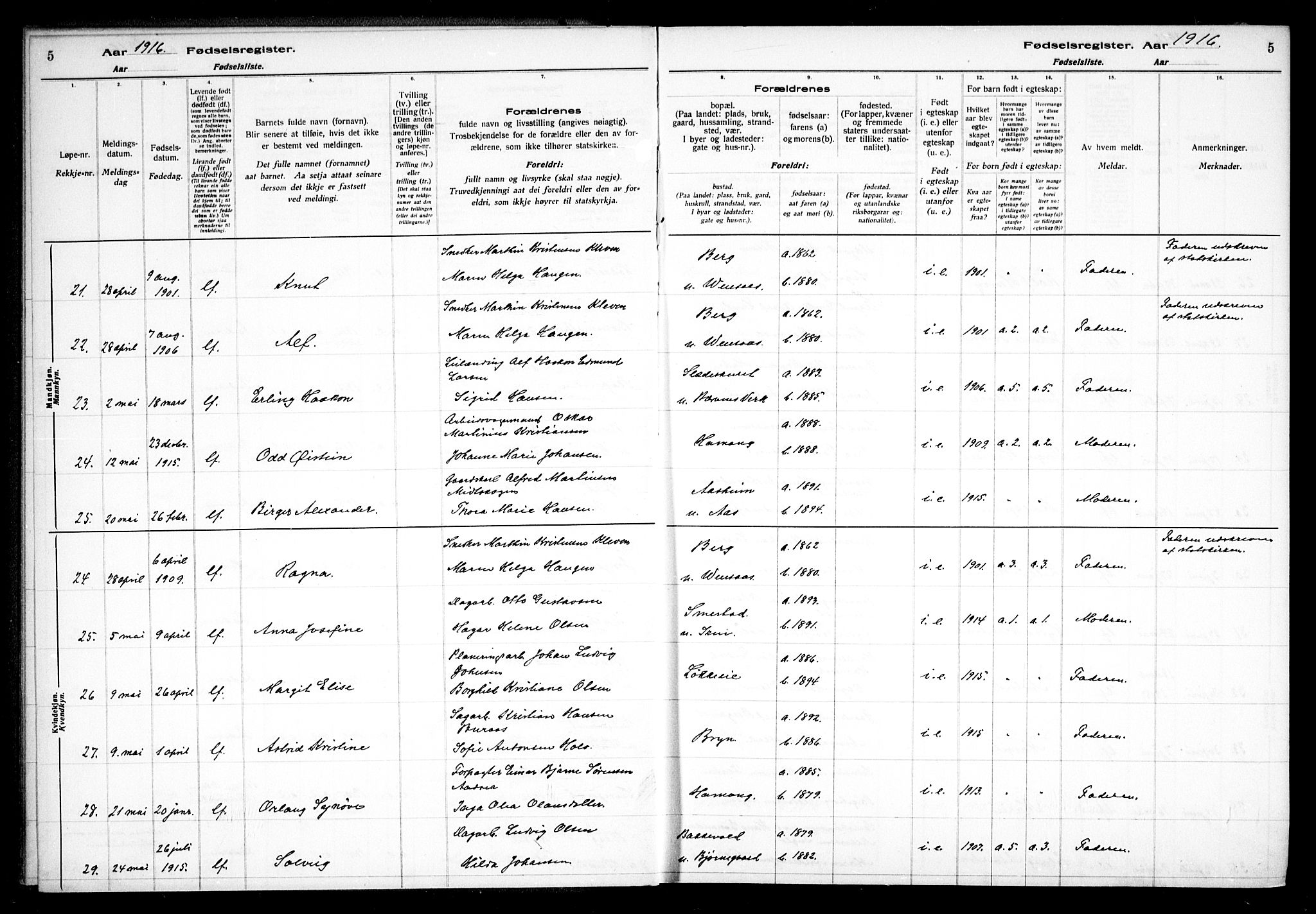 Vestre Bærum prestekontor Kirkebøker, AV/SAO-A-10209a/J/L0001: Fødselsregister nr. 1, 1916-1926, s. 5