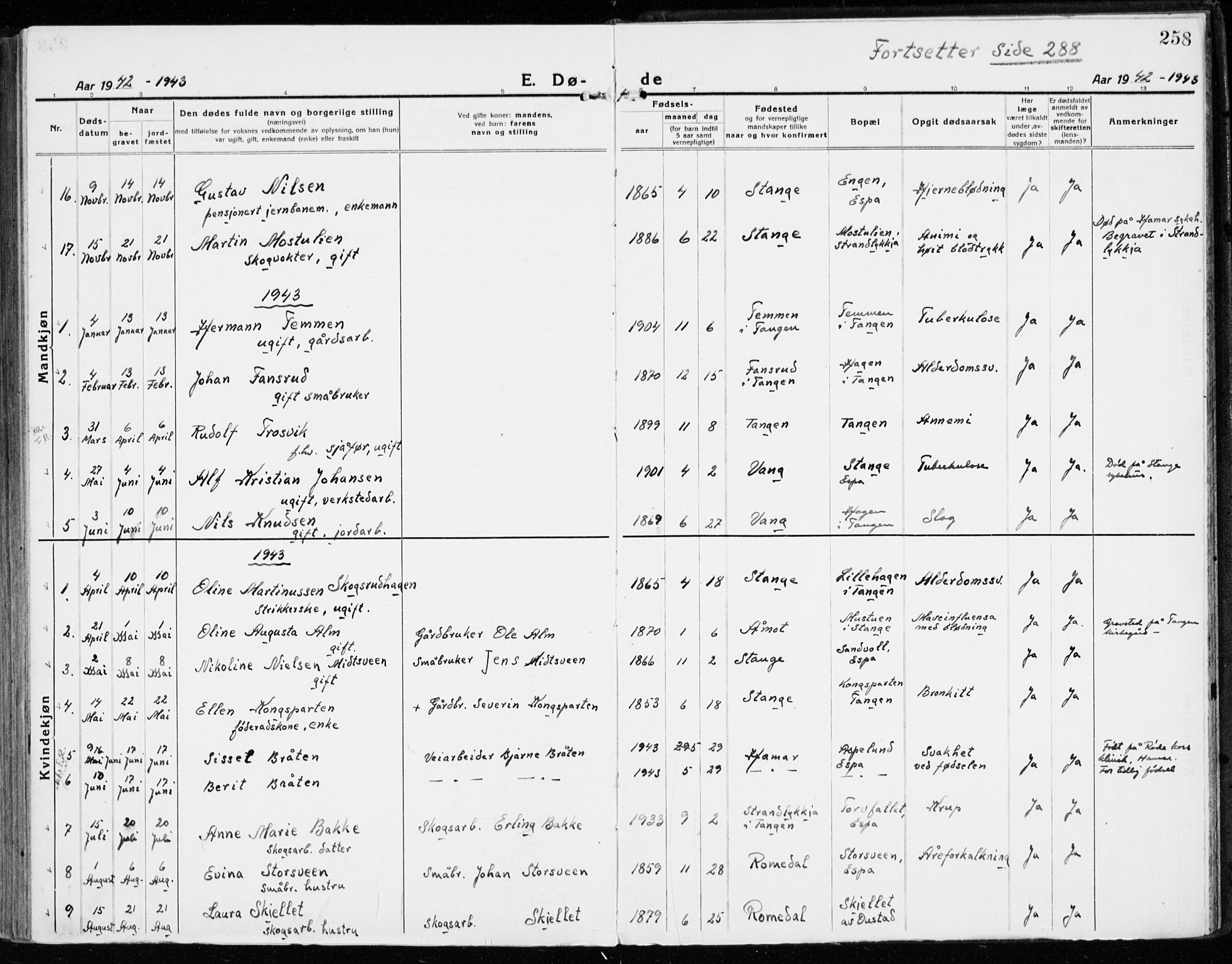 Stange prestekontor, AV/SAH-PREST-002/K/L0025: Ministerialbok nr. 25, 1921-1945, s. 258