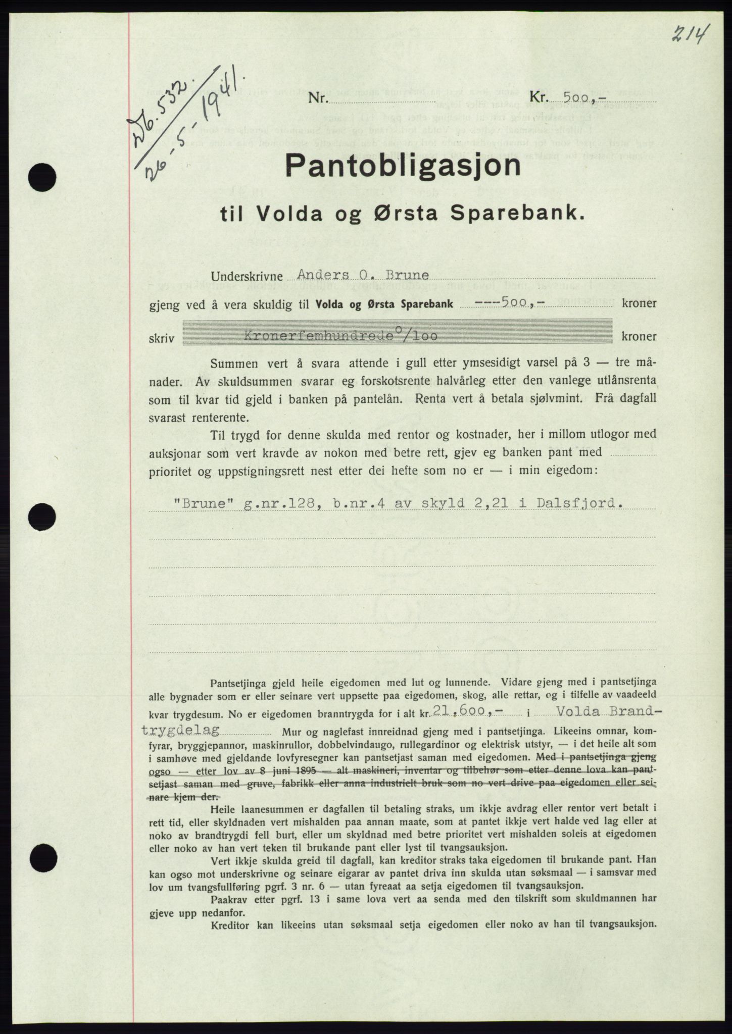 Søre Sunnmøre sorenskriveri, AV/SAT-A-4122/1/2/2C/L0071: Pantebok nr. 65, 1941-1941, Dagboknr: 532/1941