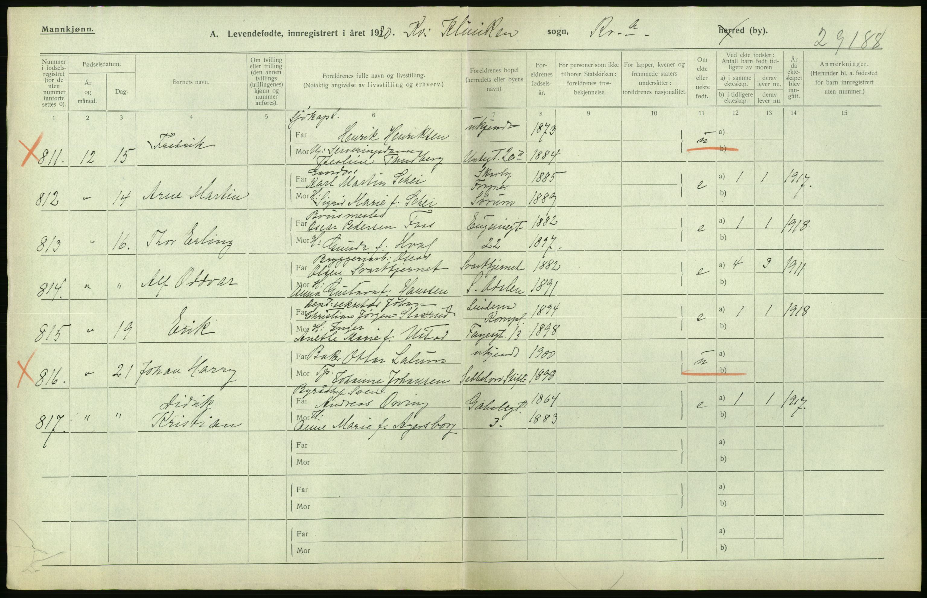 Statistisk sentralbyrå, Sosiodemografiske emner, Befolkning, RA/S-2228/D/Df/Dfb/Dfbj/L0008: Kristiania: Levendefødte menn og kvinner., 1920, s. 492