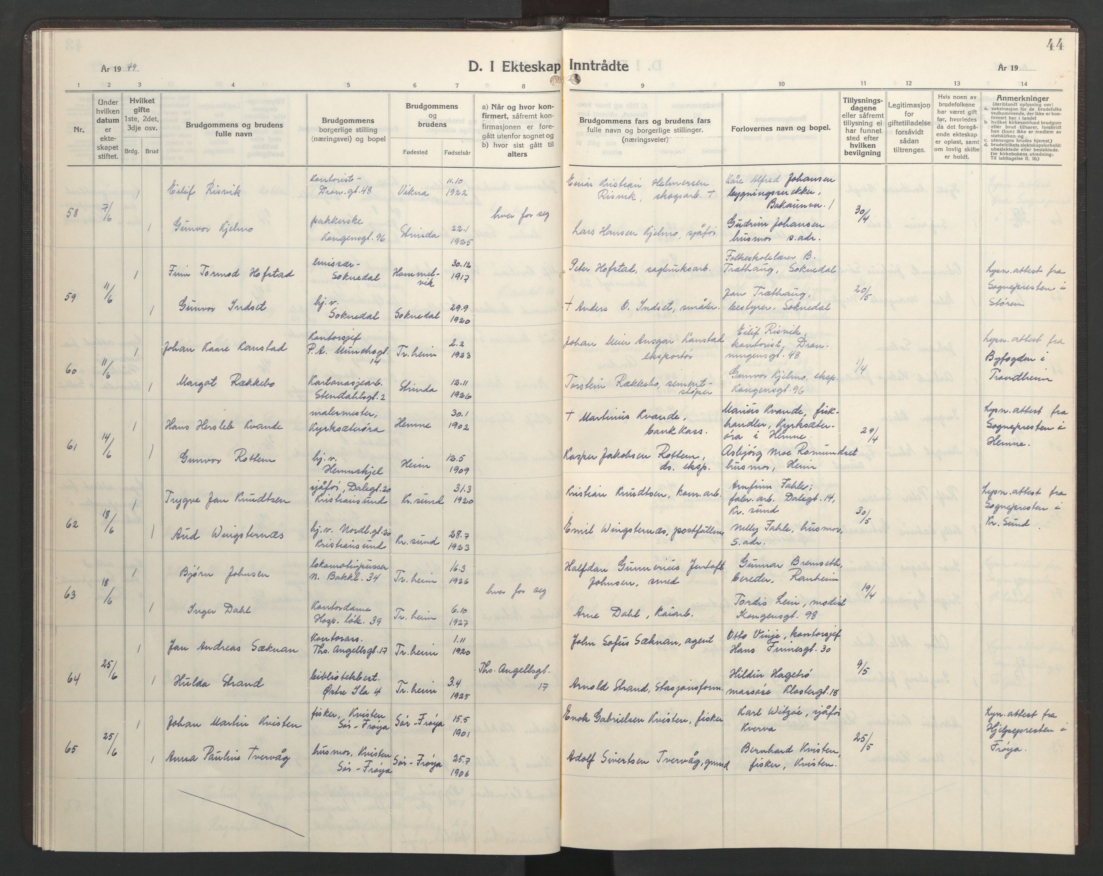 Ministerialprotokoller, klokkerbøker og fødselsregistre - Sør-Trøndelag, AV/SAT-A-1456/602/L0155: Klokkerbok nr. 602C23, 1947-1950, s. 44