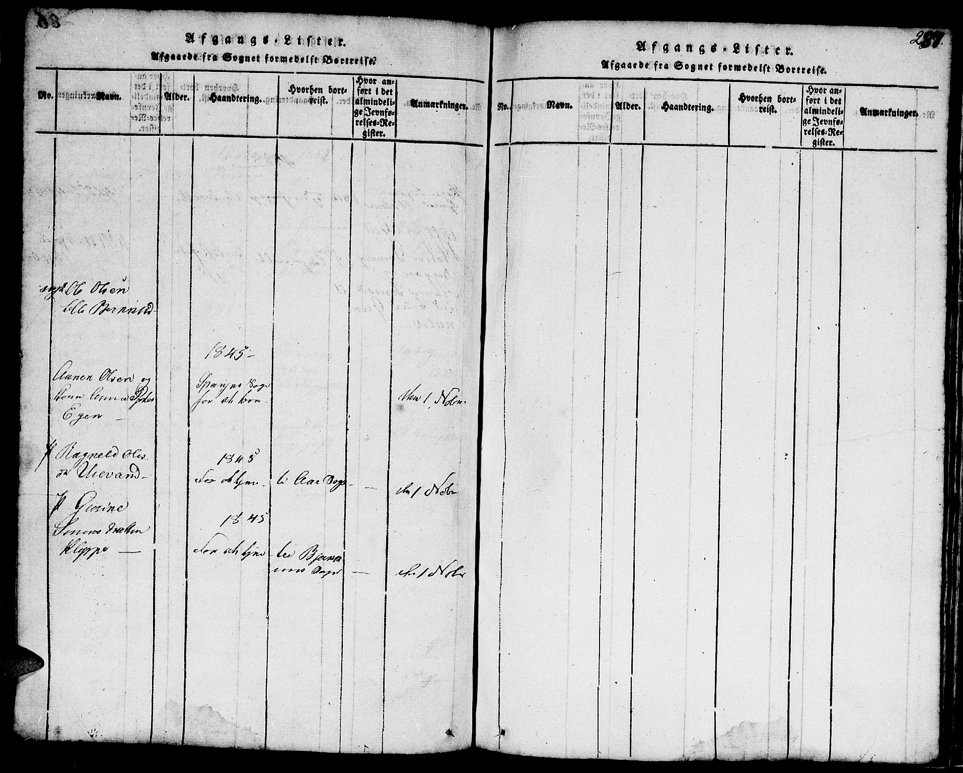 Hægebostad sokneprestkontor, AV/SAK-1111-0024/F/Fb/Fbb/L0001: Klokkerbok nr. B 1, 1816-1850, s. 287