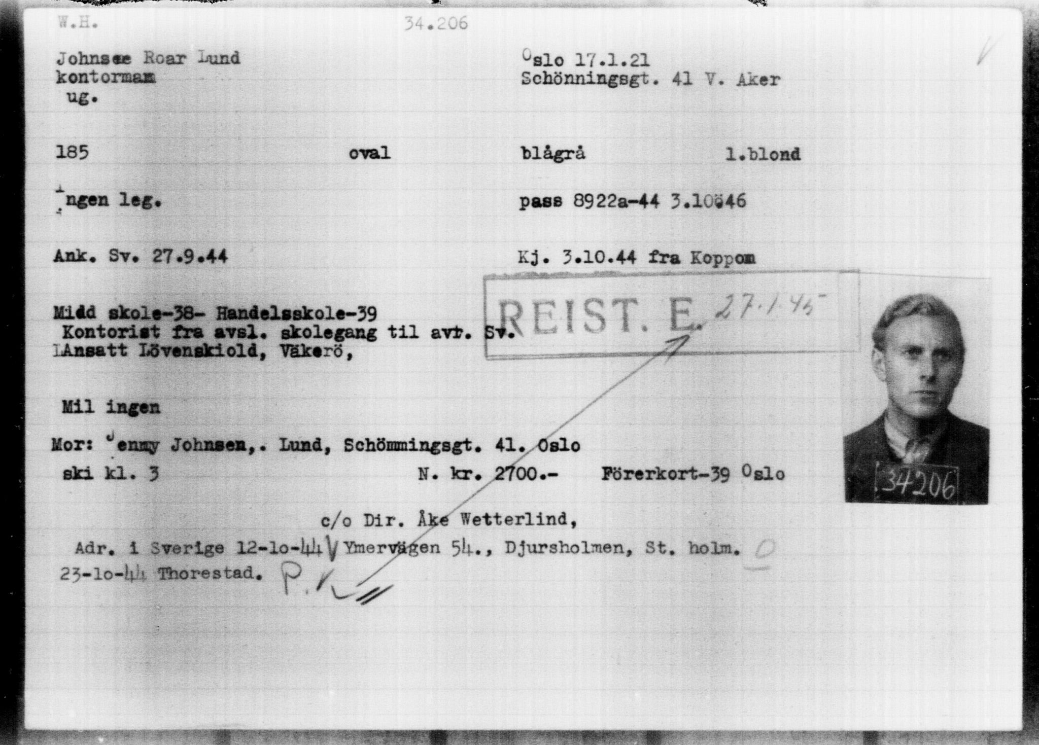 Utenriksstasjonene, Legasjonen i Stockholm, Flyktningkontoret, AV/RA-S-6753/V/Va/L0013: Kjesäterkartoteket, flyktninger med registreringsnr. 31500-34731, 1940-1945, s. 2857