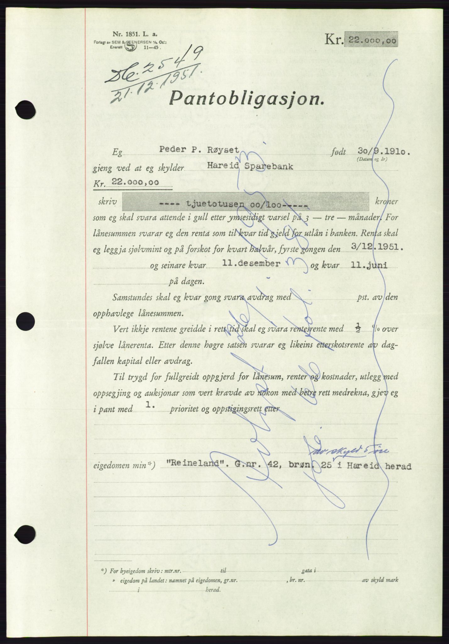 Søre Sunnmøre sorenskriveri, AV/SAT-A-4122/1/2/2C/L0121: Pantebok nr. 9B, 1951-1952, Dagboknr: 2549/1951